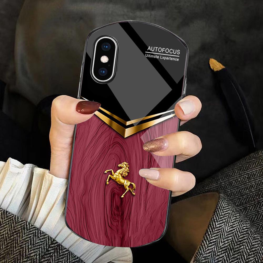 For iPhone XS Max Wood Texture Golden Horse Pattern TPU + PC + Tempered Glass Phone Case(Red) - Shopkiz.com
