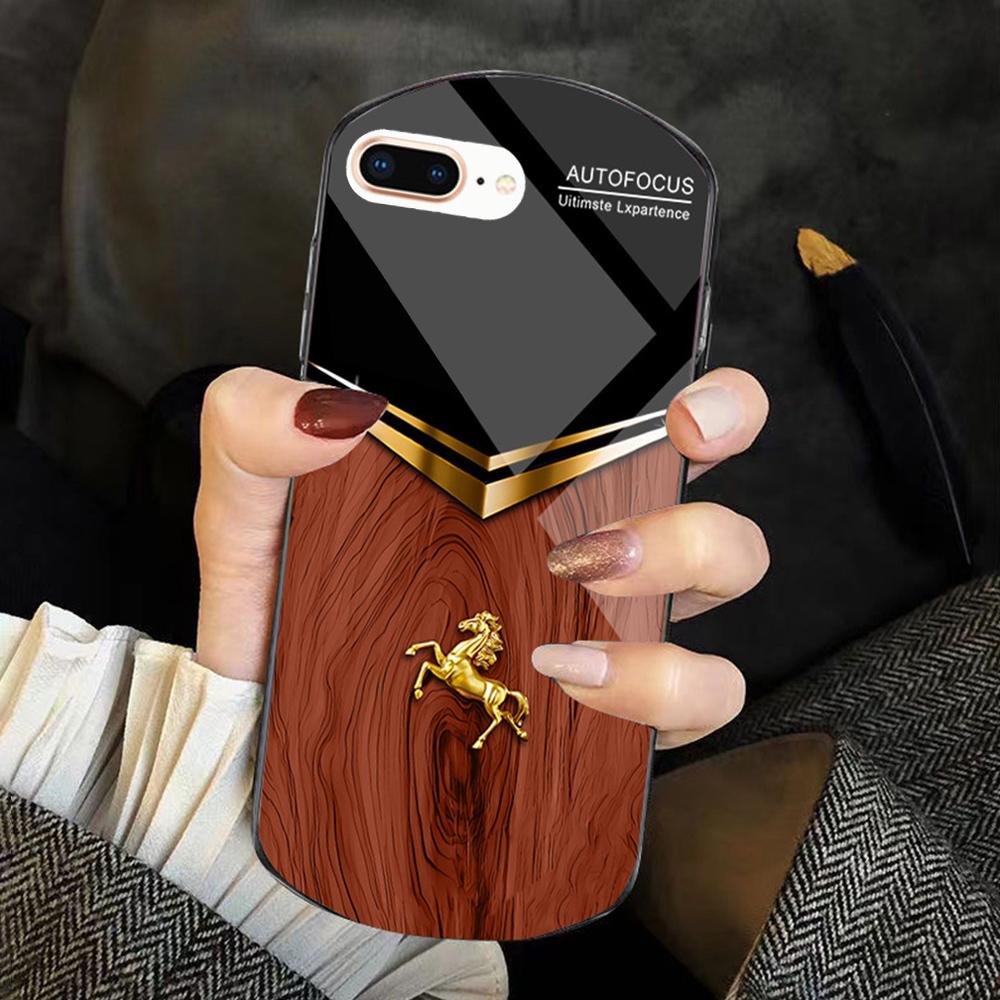 For iPhone 6 Plus/7 Plus/8 Plus Wood Texture Golden Horse Pattern TPU + PC + Tempered Glass Phone Case(Orange) - Shopkiz.com
