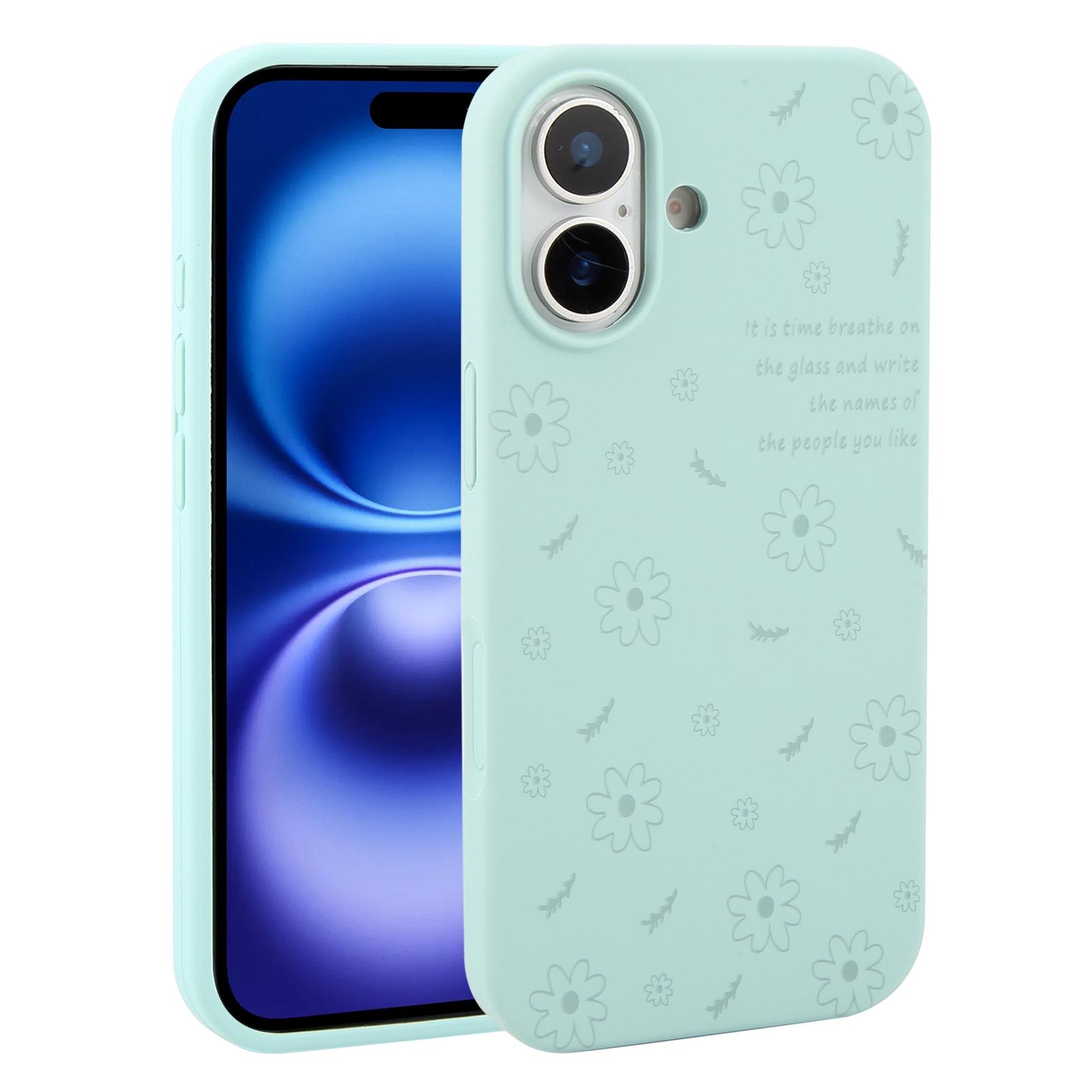 For iPhone 16 Plus Large Hole Daisy Floral Printed Liquid Silicone Phone Case(Light Cyan) - Shopkiz.com