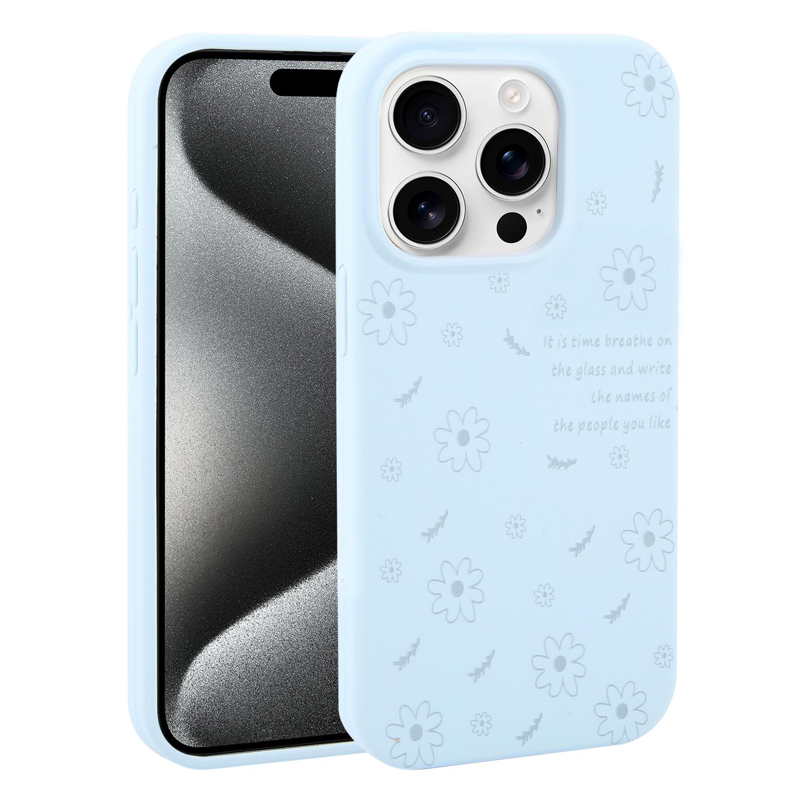 For iPhone 15 Pro Max Large Hole Daisy Floral Printed Liquid Silicone Phone Case(Sky Blue) - Shopkiz.com