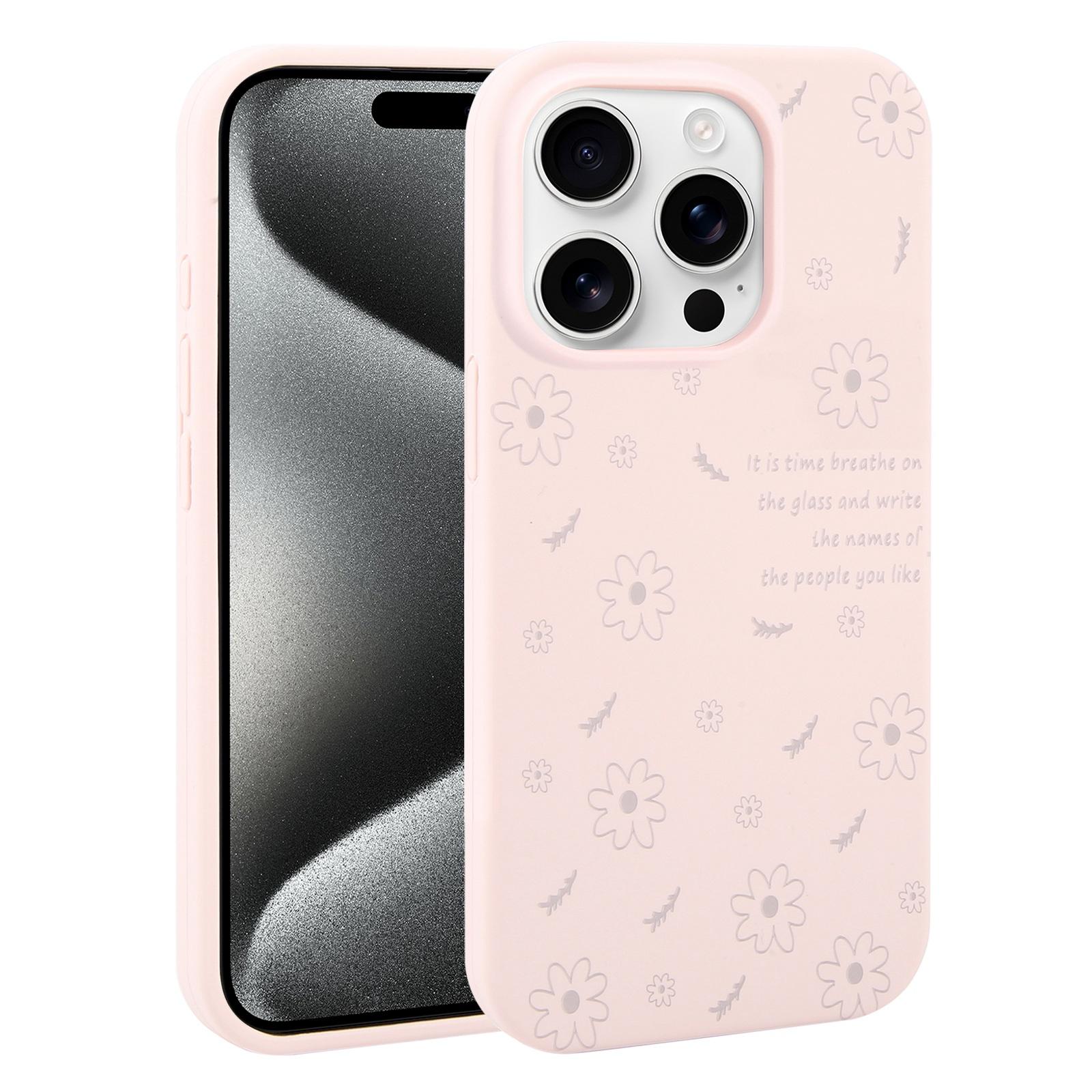 For iPhone 15 Pro Large Hole Daisy Floral Printed Liquid Silicone Phone Case(Dusty Pink) - Shopkiz.com