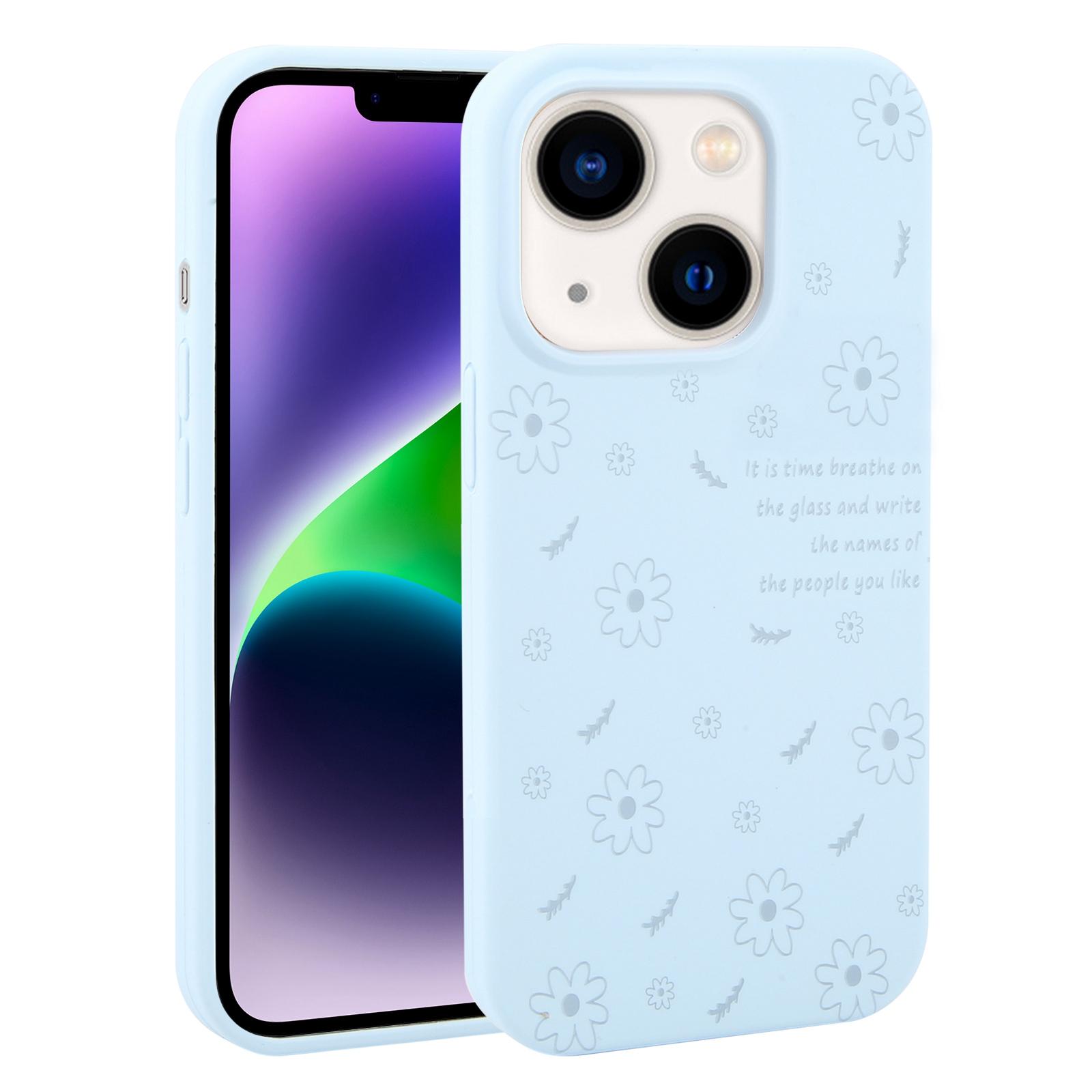 For iPhone 14 Plus Large Hole Daisy Floral Printed Liquid Silicone Phone Case(Sky Blue) - Shopkiz.com