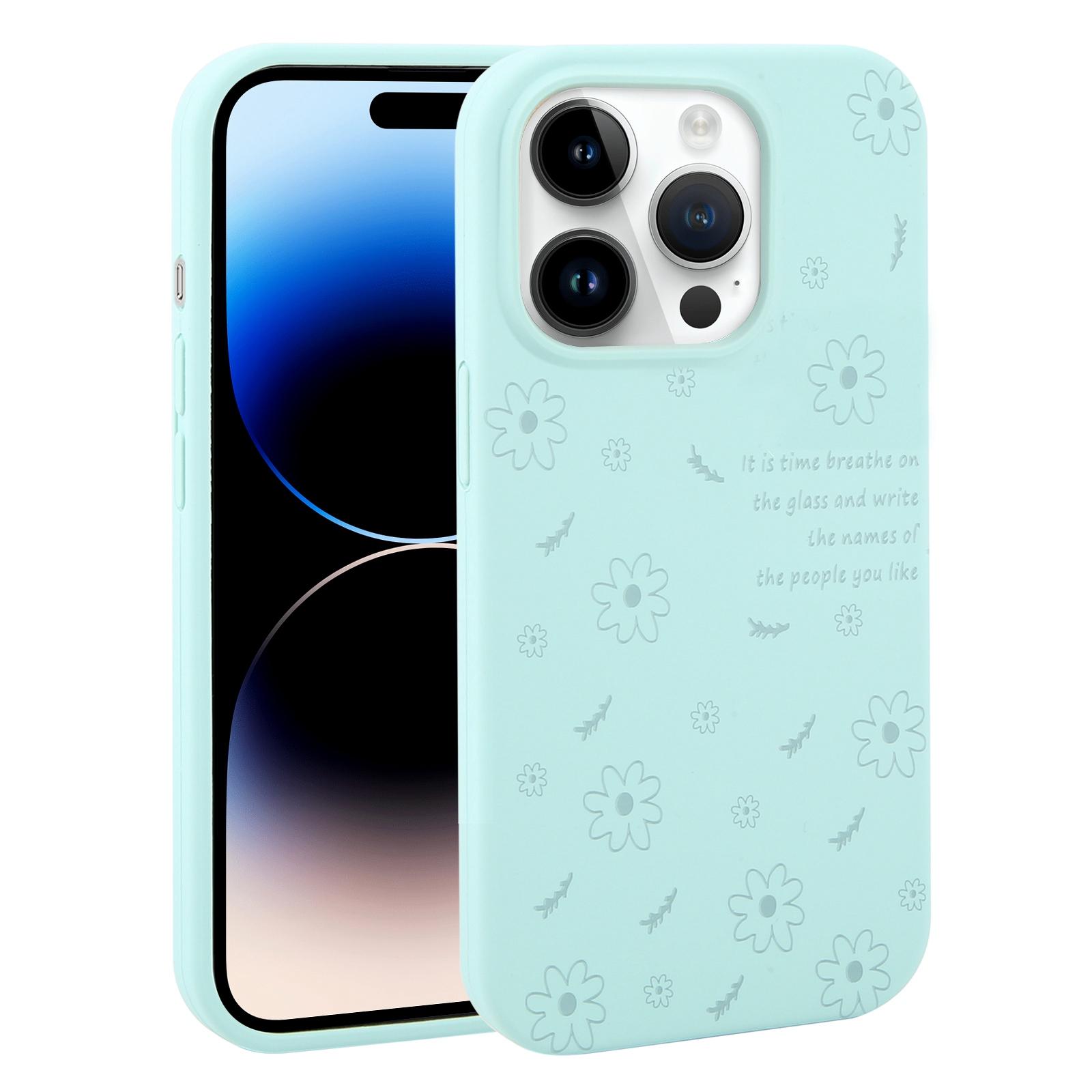 For iPhone 14 Pro Large Hole Daisy Floral Printed Liquid Silicone Phone Case(Light Cyan) - Shopkiz.com