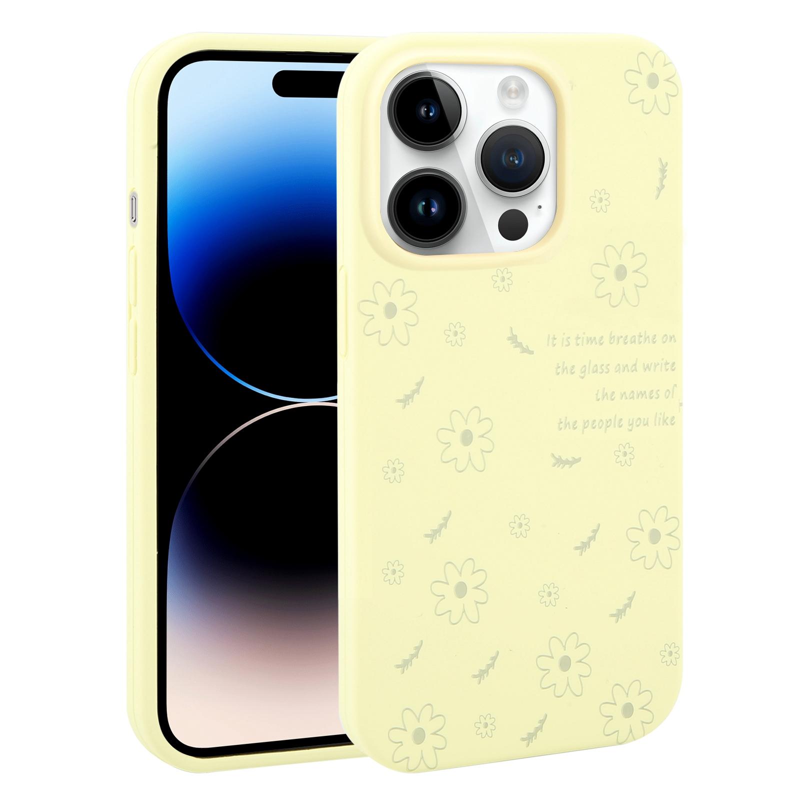 For iPhone 14 Pro Max Large Hole Daisy Floral Printed Liquid Silicone Phone Case(Milk Yellow) - Shopkiz.com