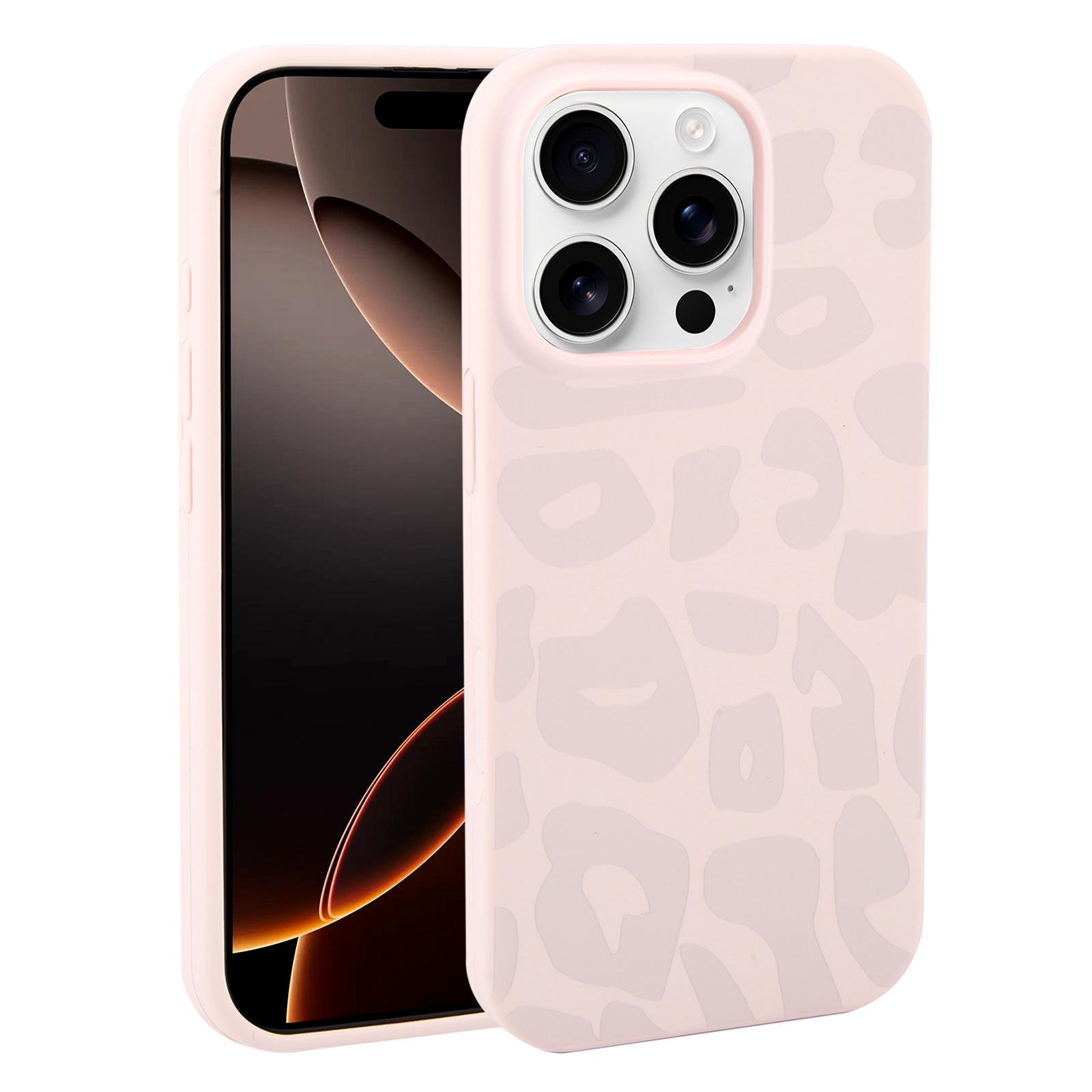 For iPhone 16 Pro Max Large Hole Leopard Print Liquid Silicone Phone Case(Dusty Pink) - Shopkiz.com