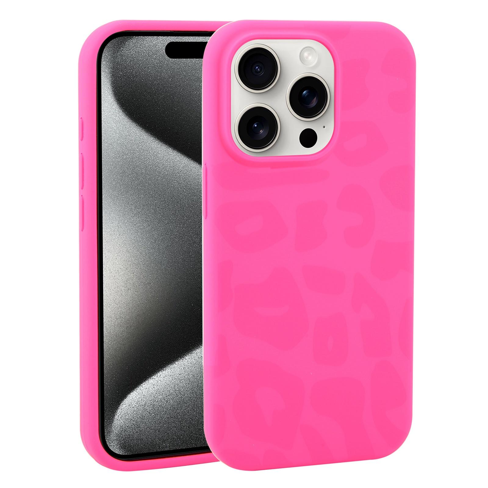 For iPhone 15 Pro Large Hole Leopard Print Liquid Silicone Phone Case(Hot Pink) - Shopkiz.com