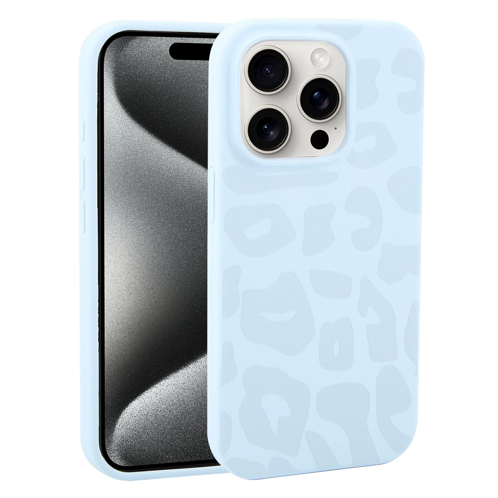 For iPhone 15 Pro Large Hole Leopard Print Liquid Silicone Phone Case(Sky Blue) - Shopkiz.com