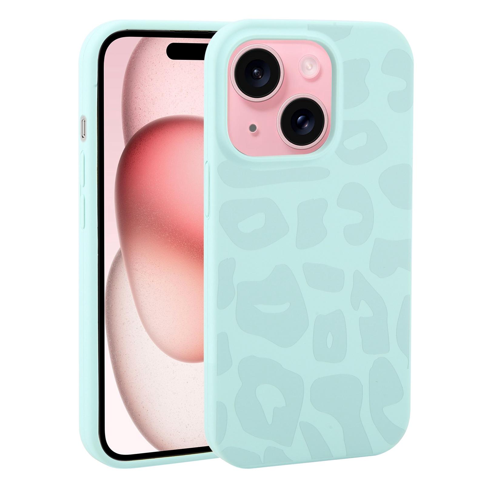 For iPhone 15 Plus Large Hole Leopard Print Liquid Silicone Phone Case(Light Cyan) - Shopkiz.com