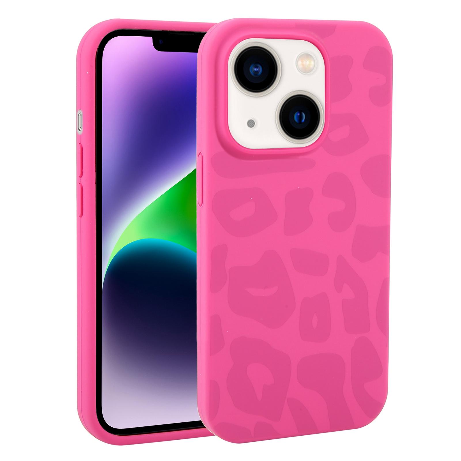 For iPhone 14 Plus Large Hole Leopard Print Liquid Silicone Phone Case(Magenta Dragon Fruit) - Shopkiz.com