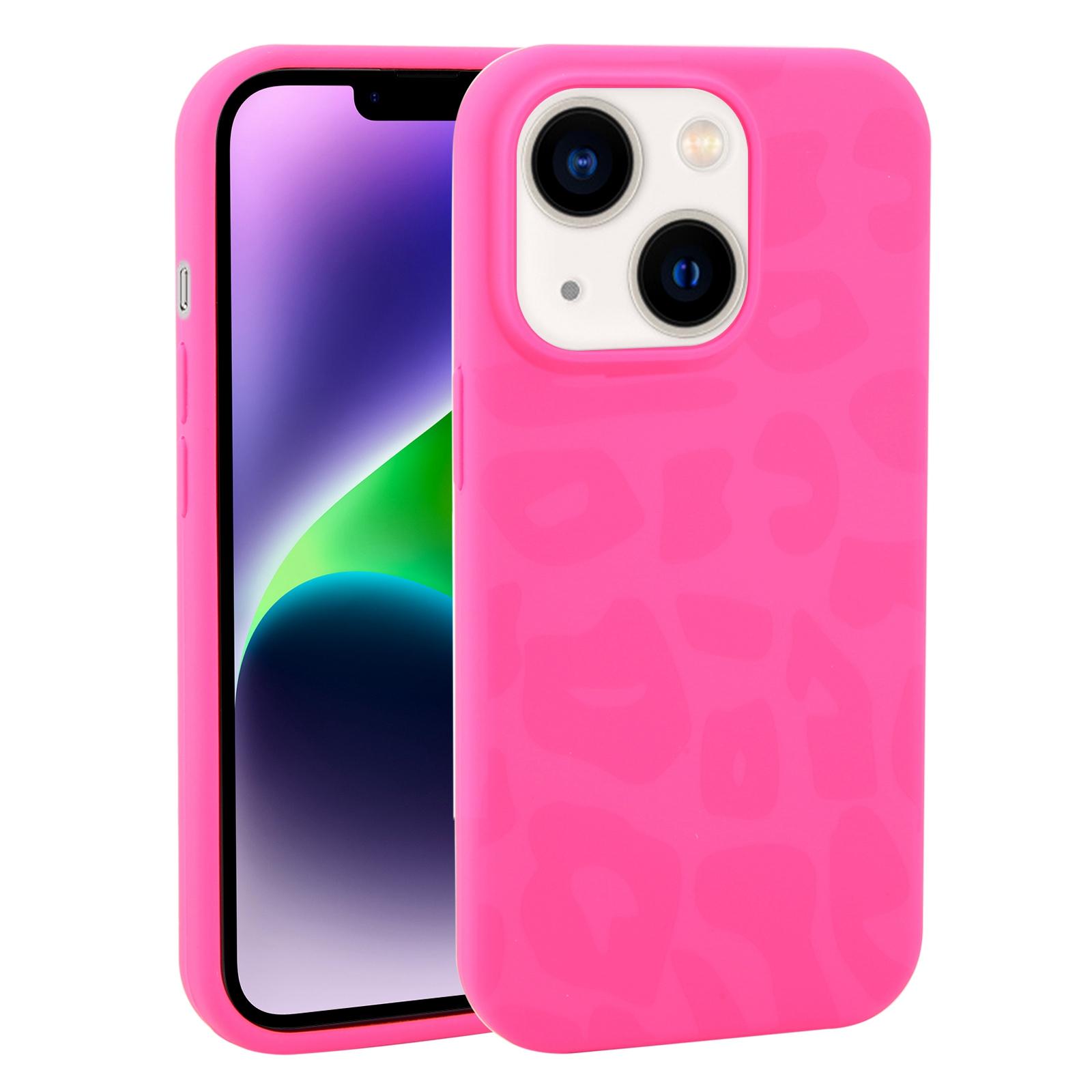 For iPhone 14 Large Hole Leopard Print Liquid Silicone Phone Case(Hot Pink) - Shopkiz.com