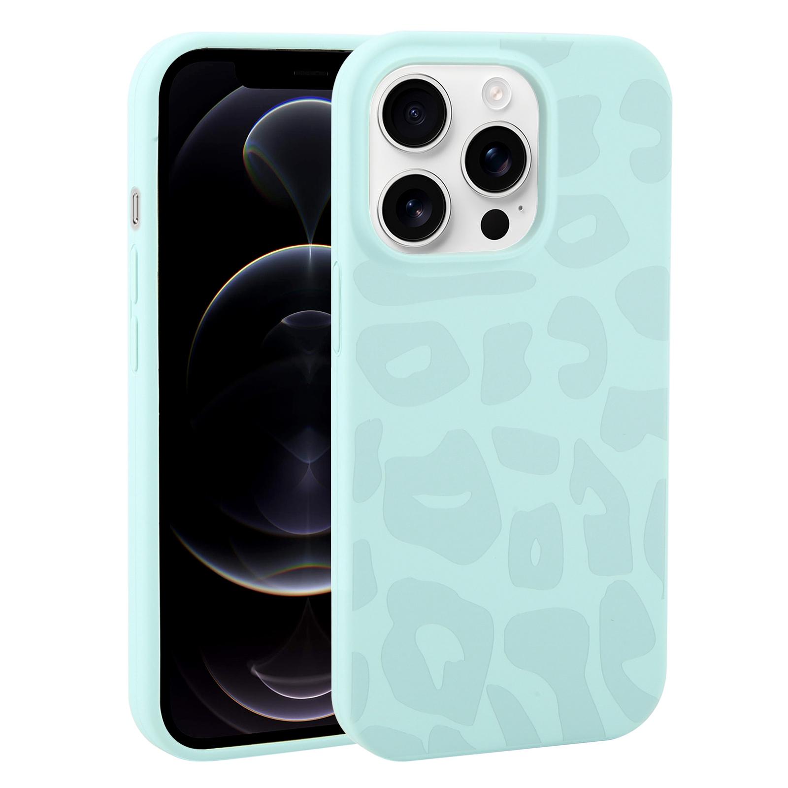 For iPhone 12 Pro Large Hole Leopard Print Liquid Silicone Phone Case(Light Cyan) - Shopkiz.com
