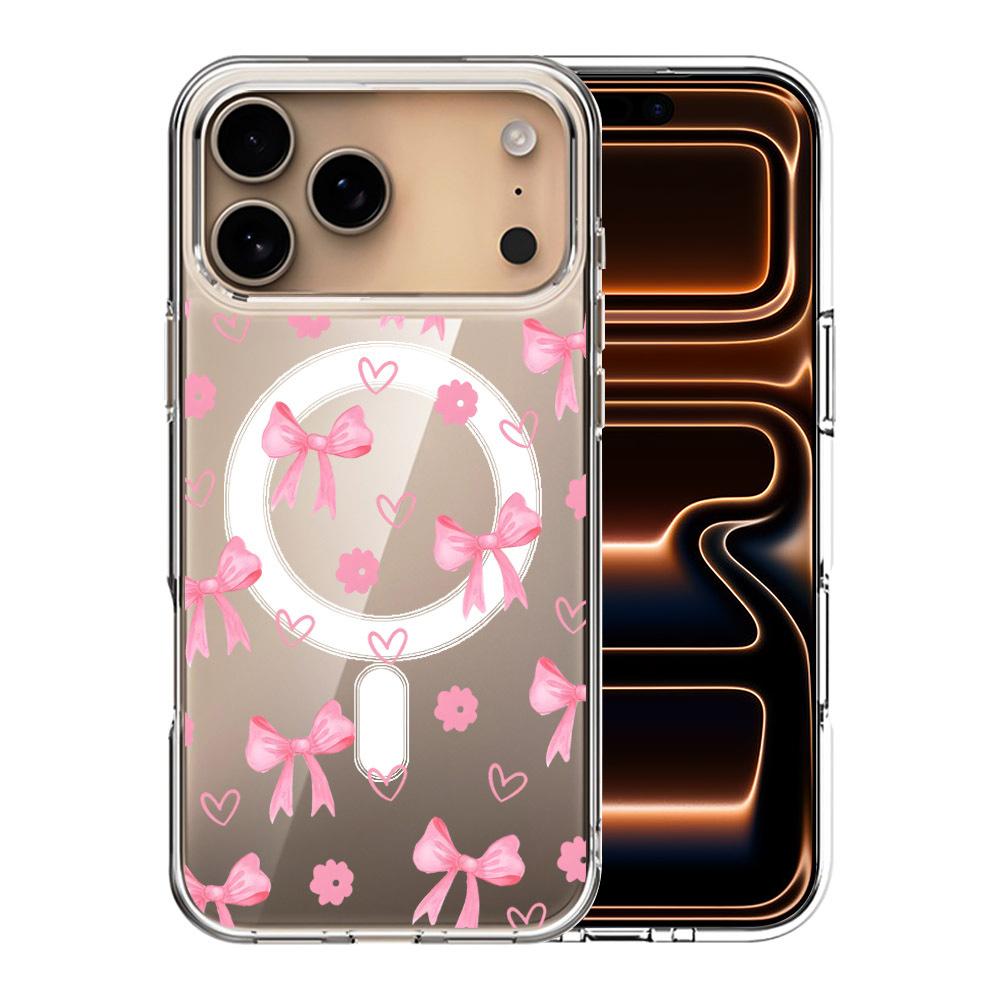 For iPhone 17 Pro Max Pattern Printing TPU + PC Magnetic Shockproof Phone Case(Pink Heart Bow 024) - Shopkiz.com