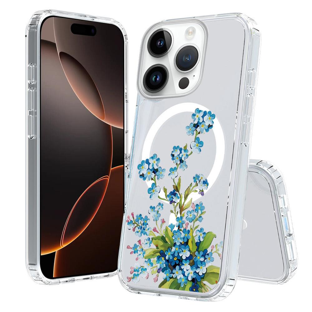 For iPhone 16 Pro Pattern Printing TPU + PC Magnetic Shockproof Phone Case(Blue Flower 013) - Shopkiz.com