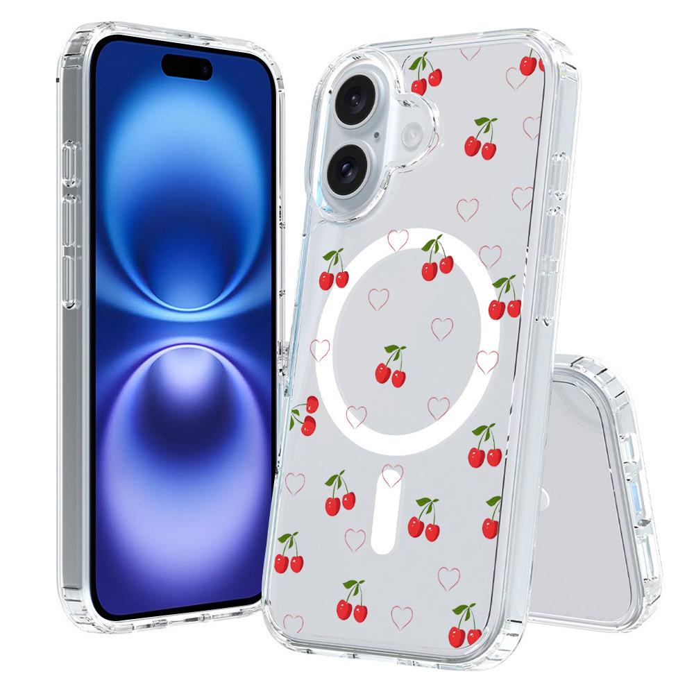 For iPhone 16 Pattern Printing TPU + PC Magnetic Shockproof Phone Case(Cherry 025) - Shopkiz.com
