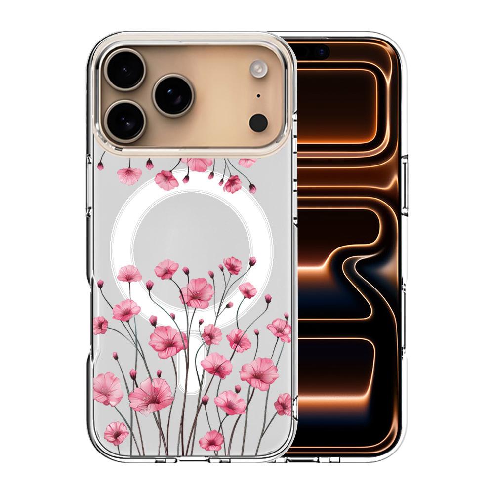 For iPhone 17 Pro Max Pattern Printing TPU + PC Magnetic Shockproof Phone Case(Pink Flower 035) - Shopkiz.com