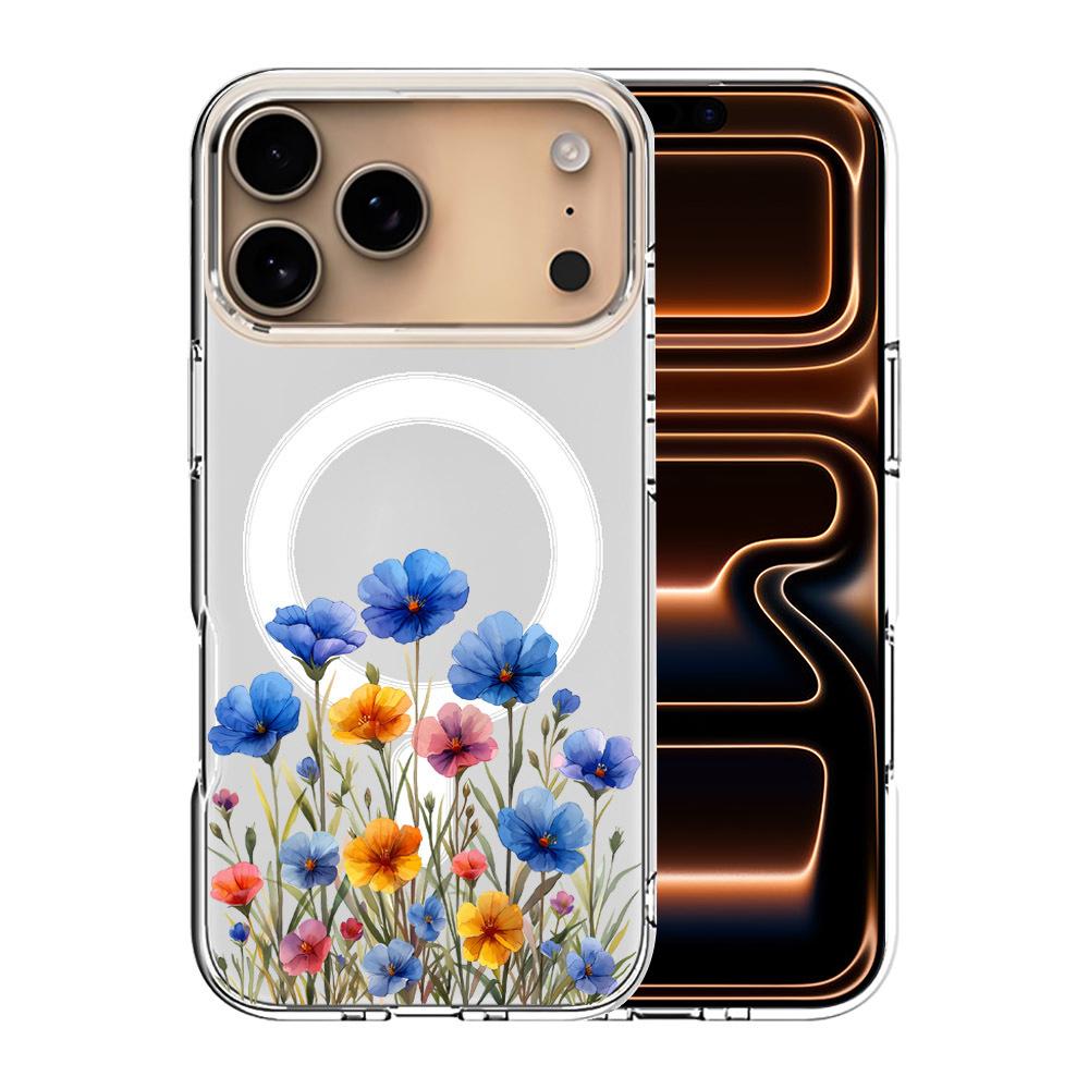 For iPhone 17 Pro Pattern Printing TPU + PC Magnetic Shockproof Phone Case(Blue Flower 020) - Shopkiz.com