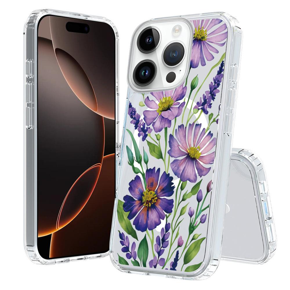For iPhone 16 Pro Max Pattern Printing TPU + PC Magnetic Shockproof Phone Case(Purple Chamomile 016) - Shopkiz.com