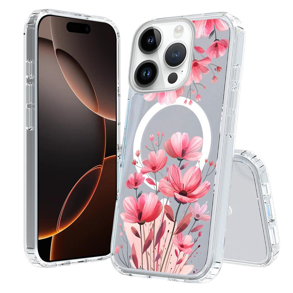 For iPhone 16 Pro Max Pattern Printing TPU + PC Magnetic Shockproof Phone Case(Pink Flower 034) - Shopkiz.com