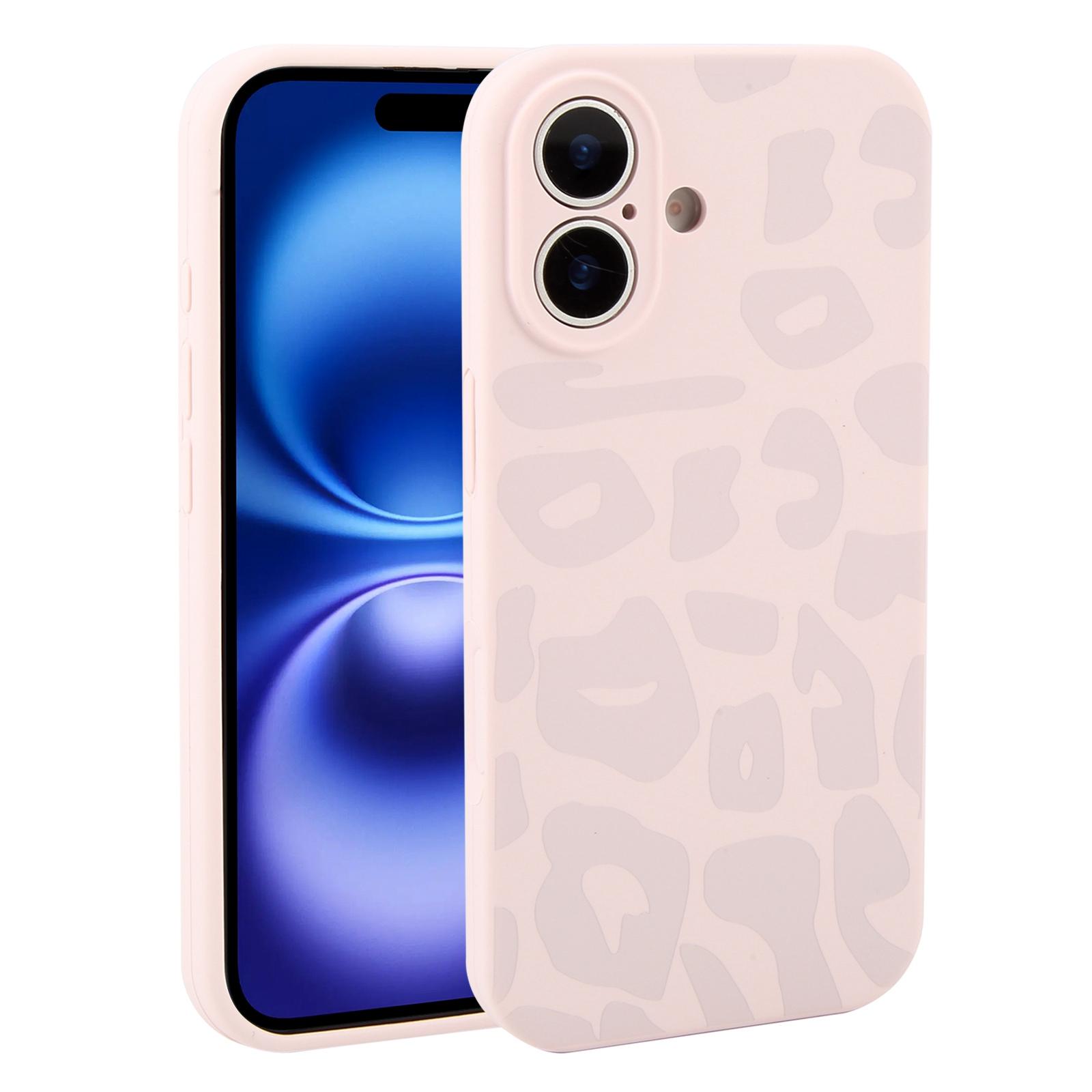 For iPhone 16 Precision Hole Leopard Print Liquid Silicone Phone Case(Dusty Pink) - Shopkiz.com