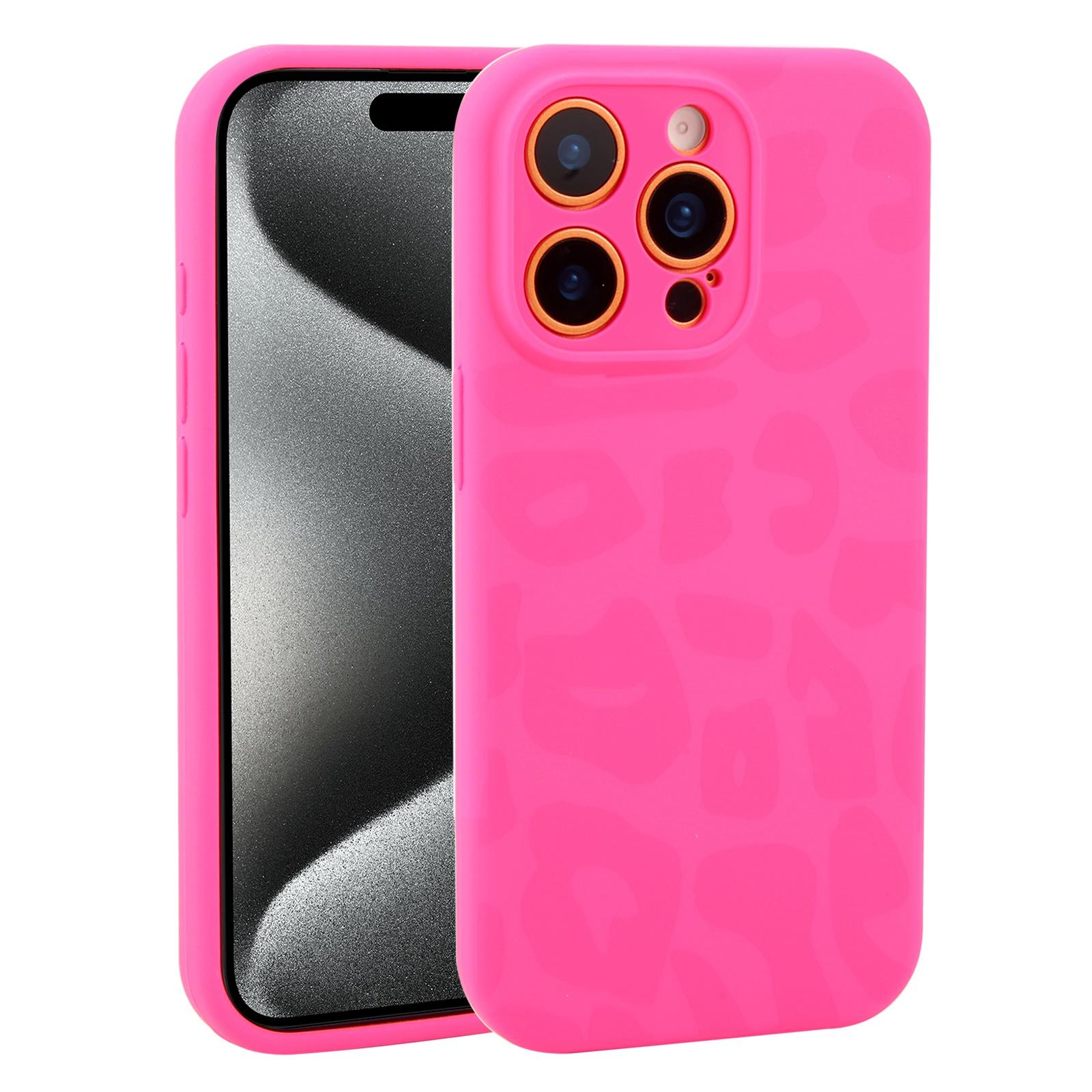 For iPhone 15 Pro Max Precision Hole Leopard Print Liquid Silicone Phone Case(Hot Pink) - Shopkiz.com