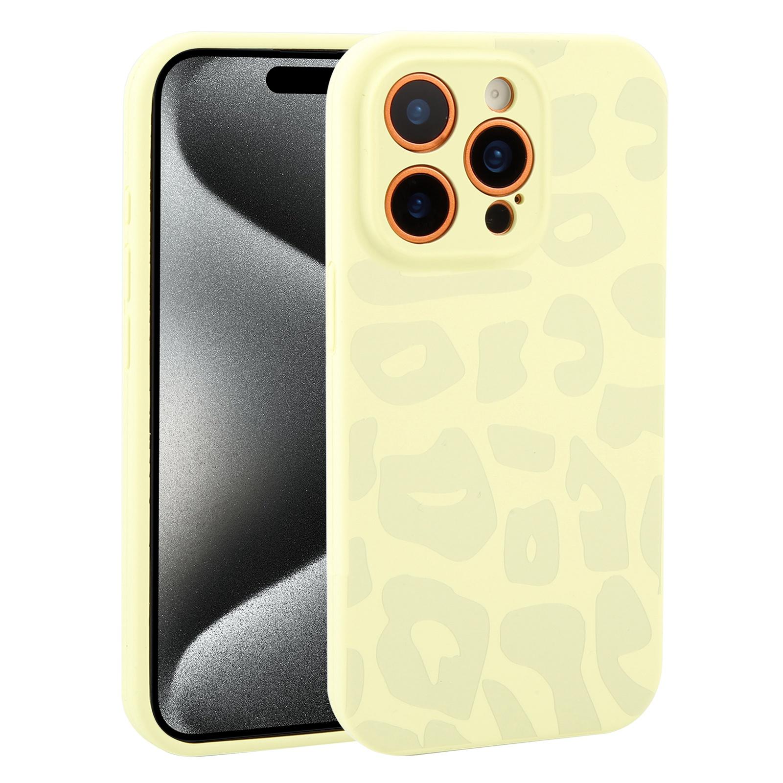 For iPhone 15 Pro Max Precision Hole Leopard Print Liquid Silicone Phone Case(Milk Yellow) - Shopkiz.com