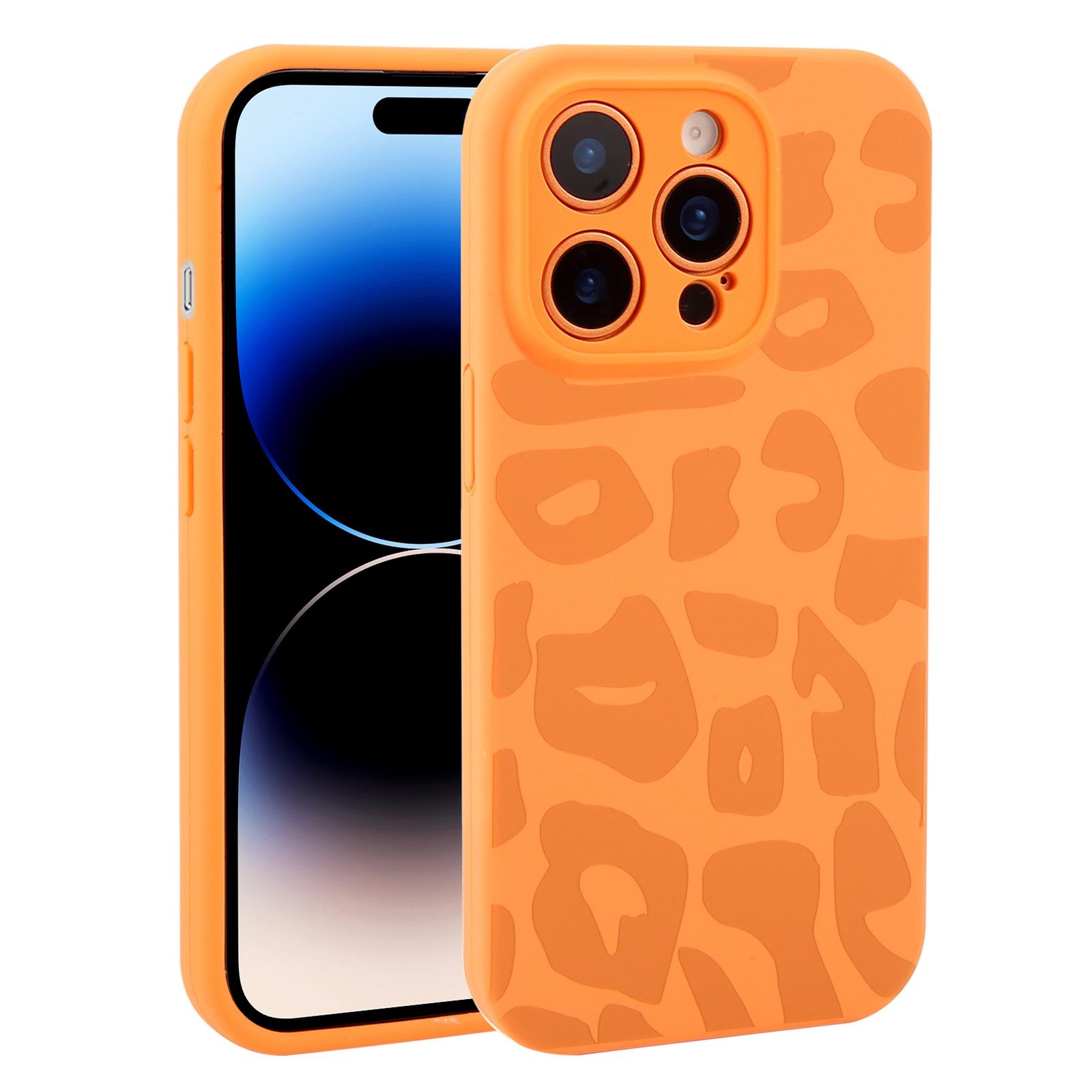 For iPhone 14 Pro Precision Hole Leopard Print Liquid Silicone Phone Case(Orange) - Shopkiz.com