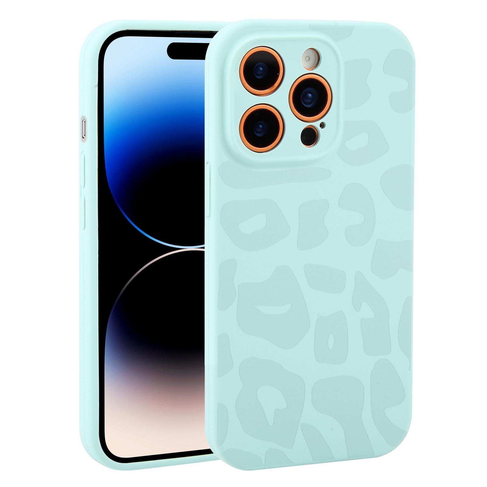 For iPhone 14 Pro Max Precision Hole Leopard Print Liquid Silicone Phone Case(Light Cyan) - Shopkiz.com