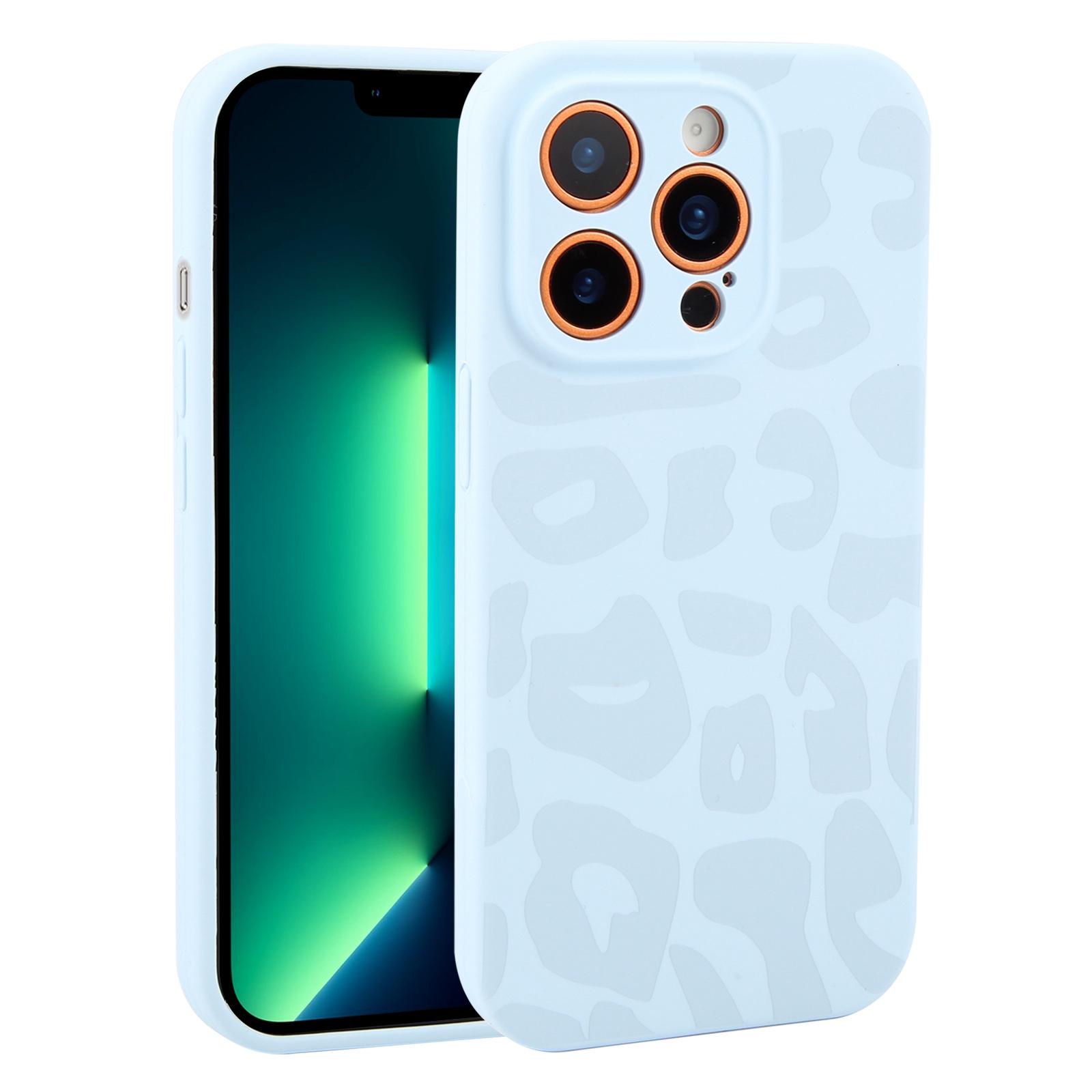 For iPhone 13 Pro Max Precision Hole Leopard Print Liquid Silicone Phone Case(Sky Blue) - Shopkiz.com
