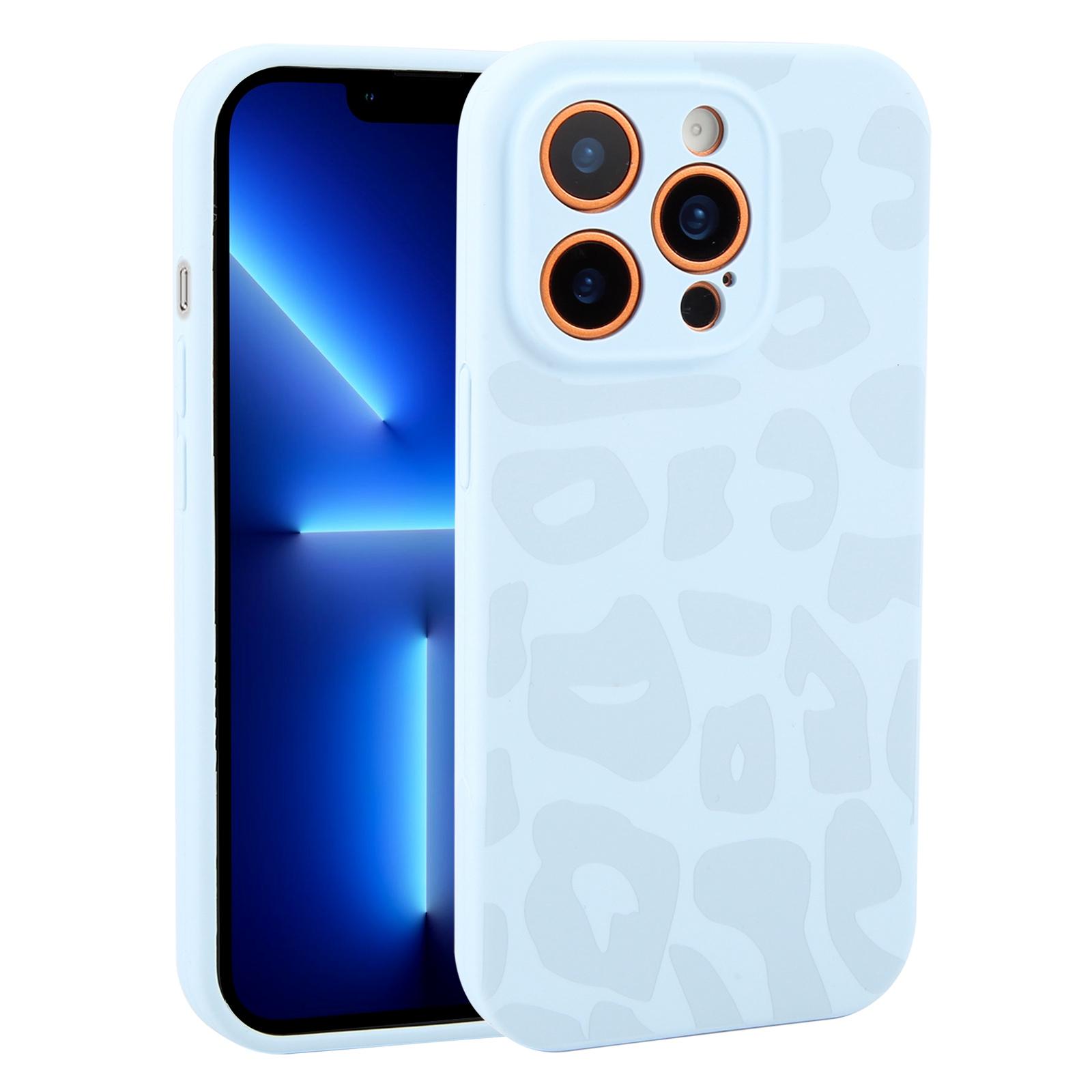 For iPhone 13 Pro Precision Hole Leopard Print Liquid Silicone Phone Case(Sky Blue) - Shopkiz.com