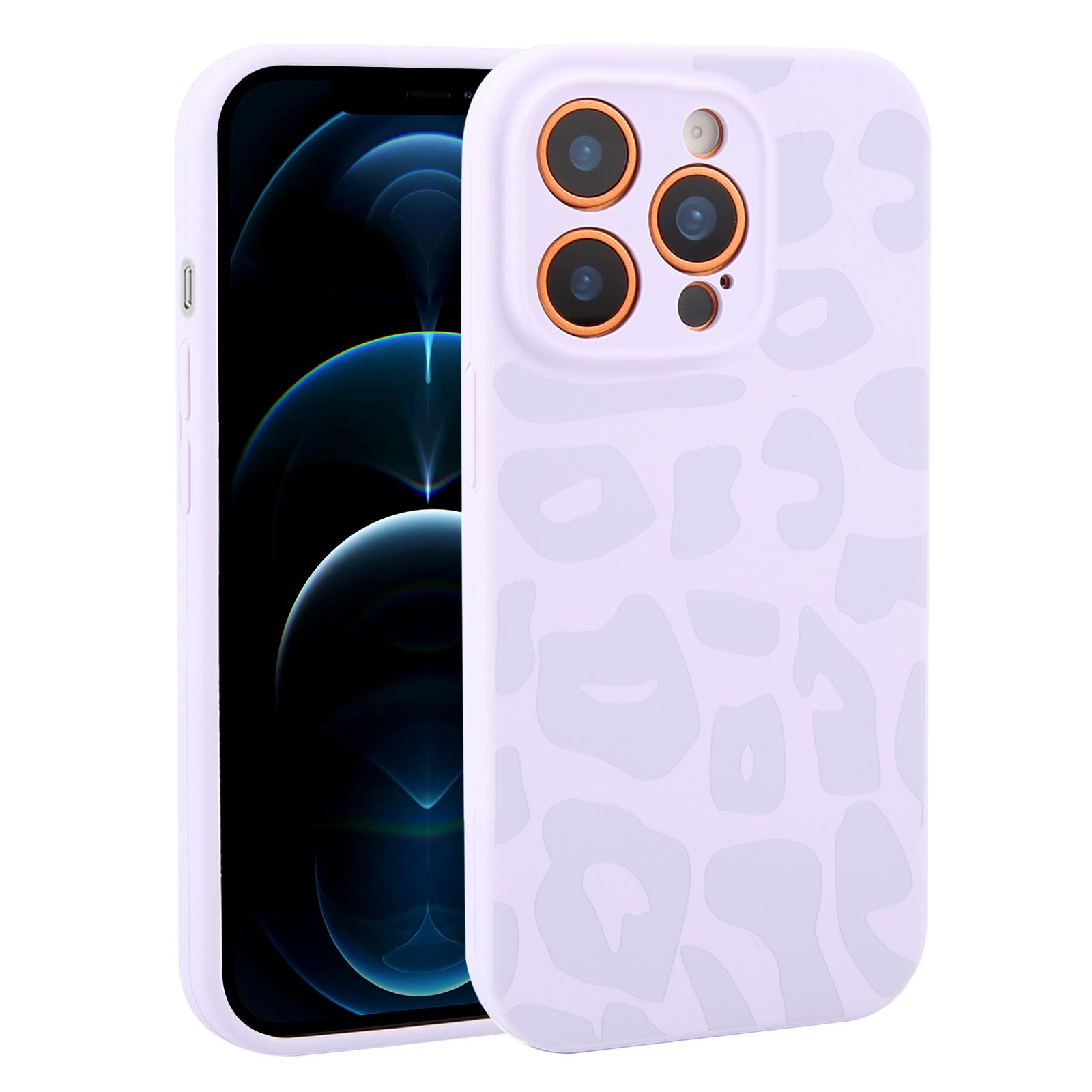 For iPhone 12 Pro Max Precision Hole Leopard Print Liquid Silicone Phone Case(Lilac Purple) - Shopkiz.com