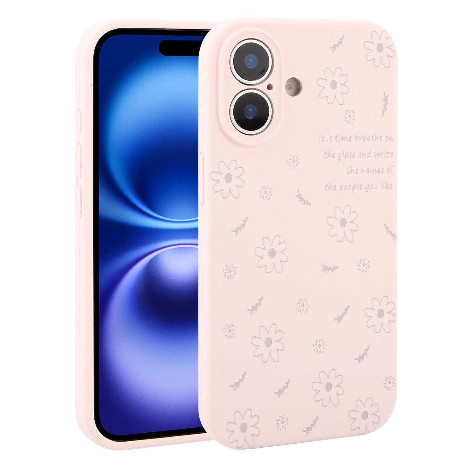 For iPhone 16 Precision Hole Daisy Floral Printed Liquid Silicone Phone Case(Dusty Pink) - Shopkiz.com