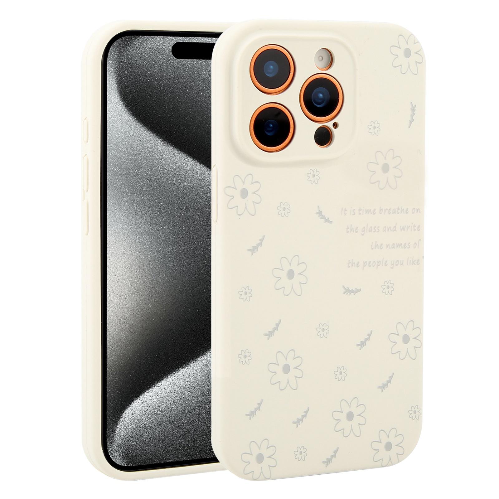 For iPhone 15 Pro Max Precision Hole Daisy Floral Printed Liquid Silicone Phone Case(Grey) - Shopkiz.com