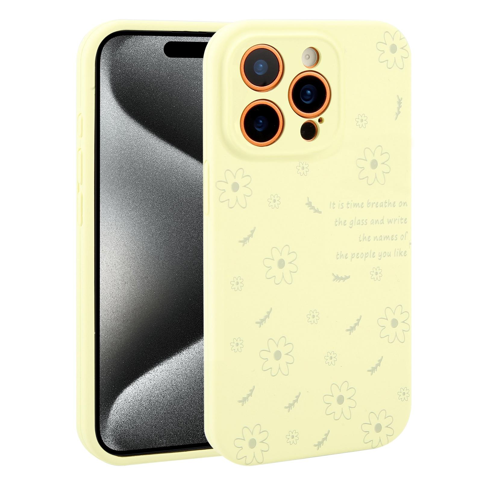 For iPhone 15 Pro Max Precision Hole Daisy Floral Printed Liquid Silicone Phone Case(Milk Yellow) - Shopkiz.com