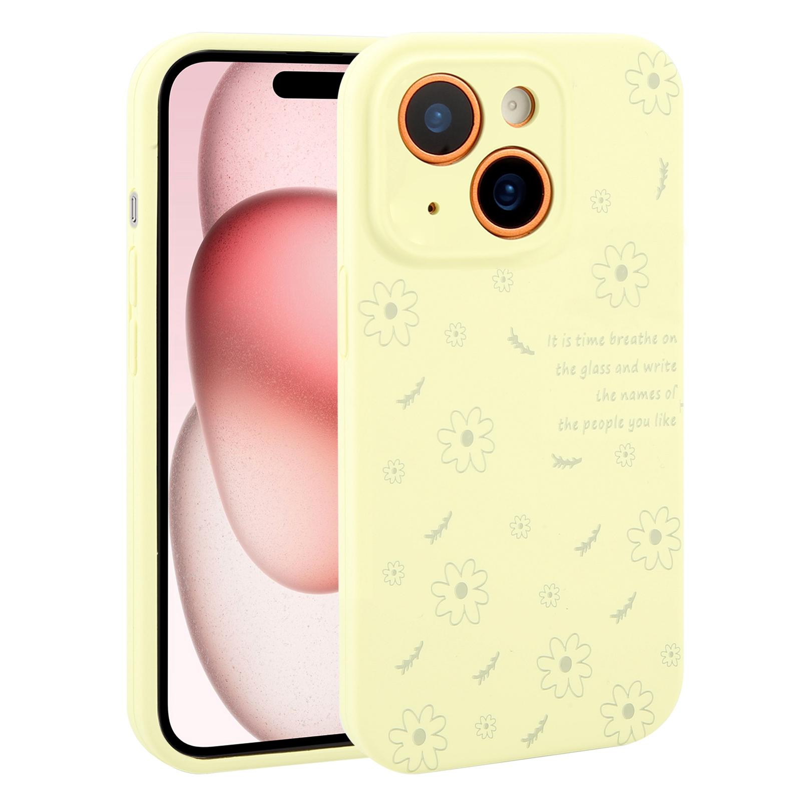 For iPhone 15 Plus Precision Hole Daisy Floral Printed Liquid Silicone Phone Case(Milk Yellow) - Shopkiz.com