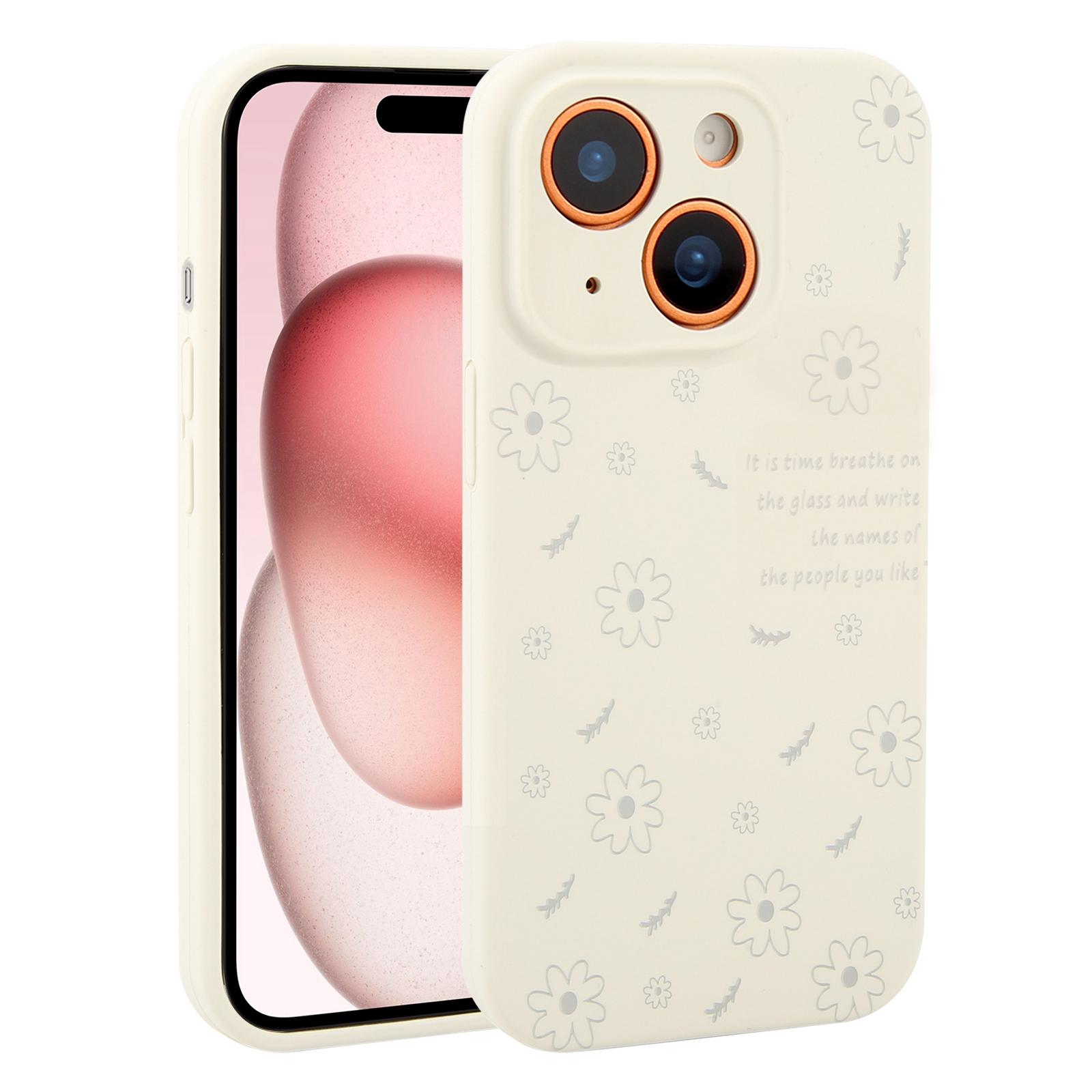 For iPhone 15 Precision Hole Daisy Floral Printed Liquid Silicone Phone Case(Grey) - Shopkiz.com