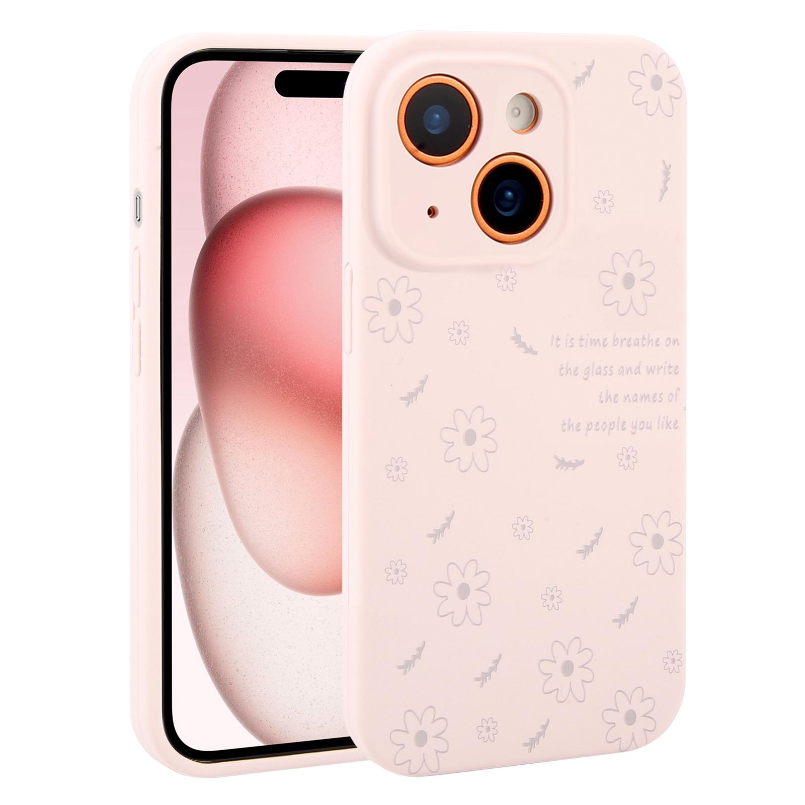 For iPhone 15 Precision Hole Daisy Floral Printed Liquid Silicone Phone Case(Dusty Pink) - Shopkiz.com