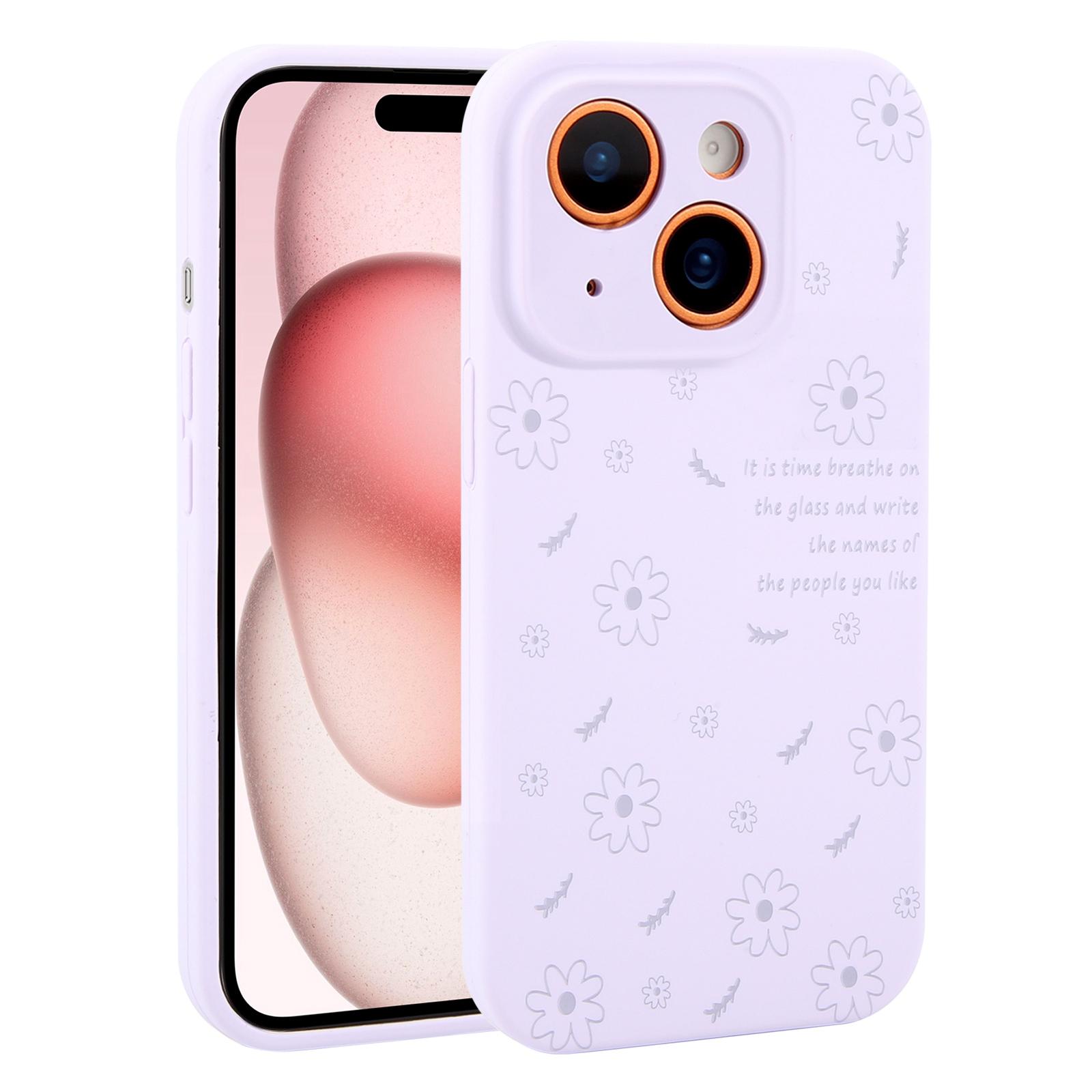 For iPhone 15 Precision Hole Daisy Floral Printed Liquid Silicone Phone Case(Lilac Purple) - Shopkiz.com