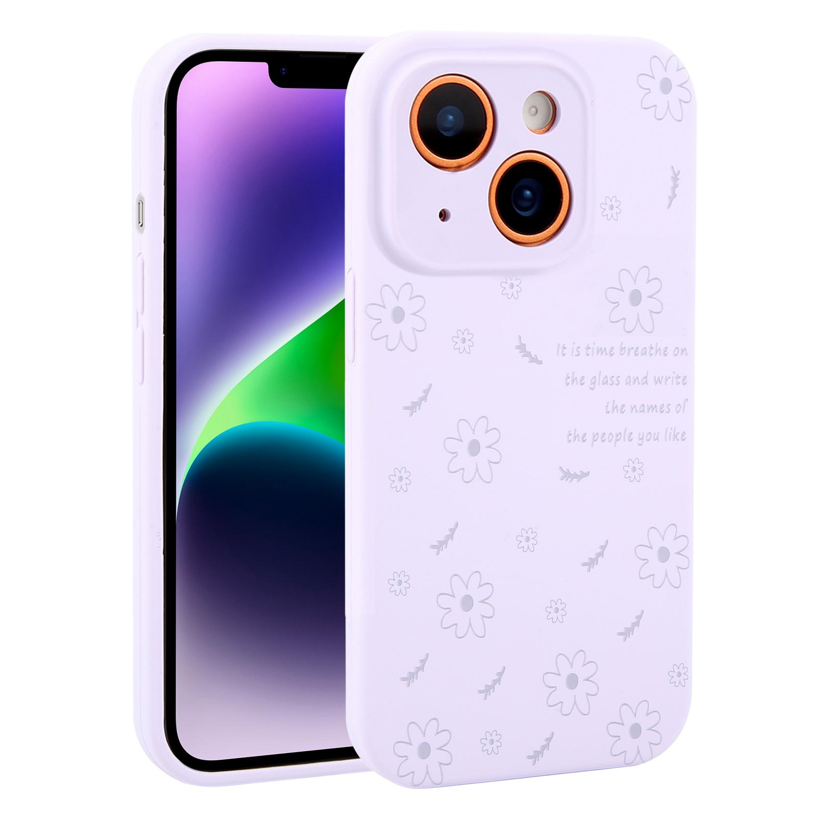 For iPhone 14 Plus Precision Hole Daisy Floral Printed Liquid Silicone Phone Case(Lilac Purple) - Shopkiz.com