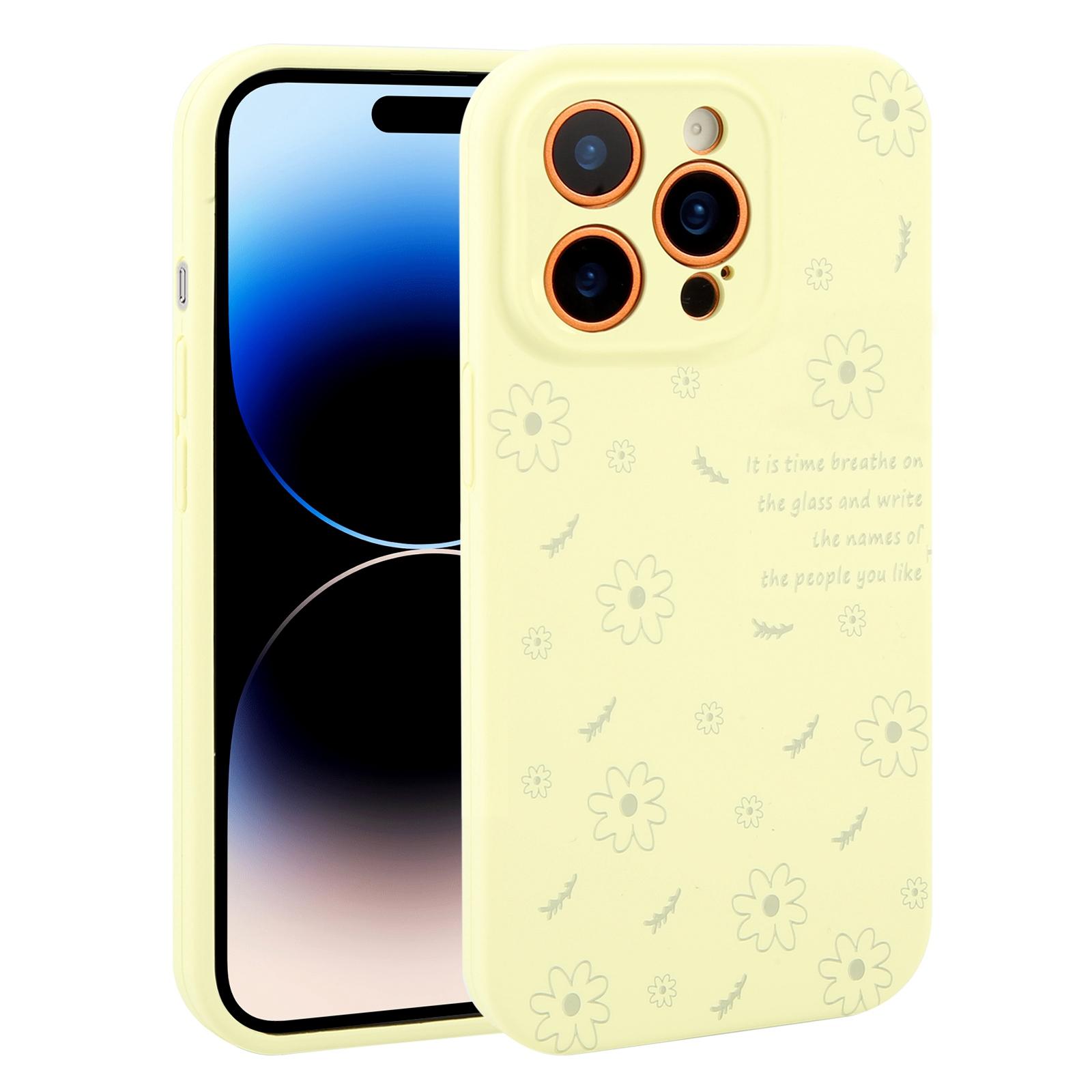 For iPhone 14 Pro Max Precision Hole Daisy Floral Printed Liquid Silicone Phone Case(Milk Yellow) - Shopkiz.com
