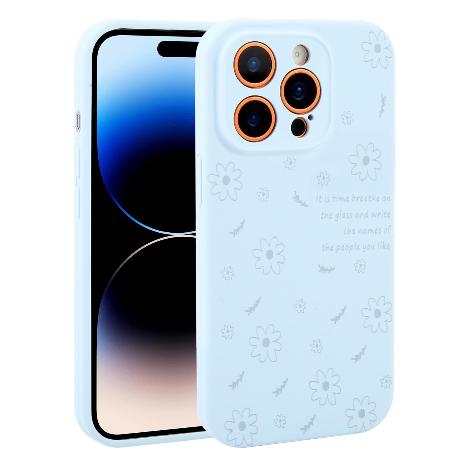 For iPhone 14 Pro Max Precision Hole Daisy Floral Printed Liquid Silicone Phone Case(Sky Blue) - Shopkiz.com