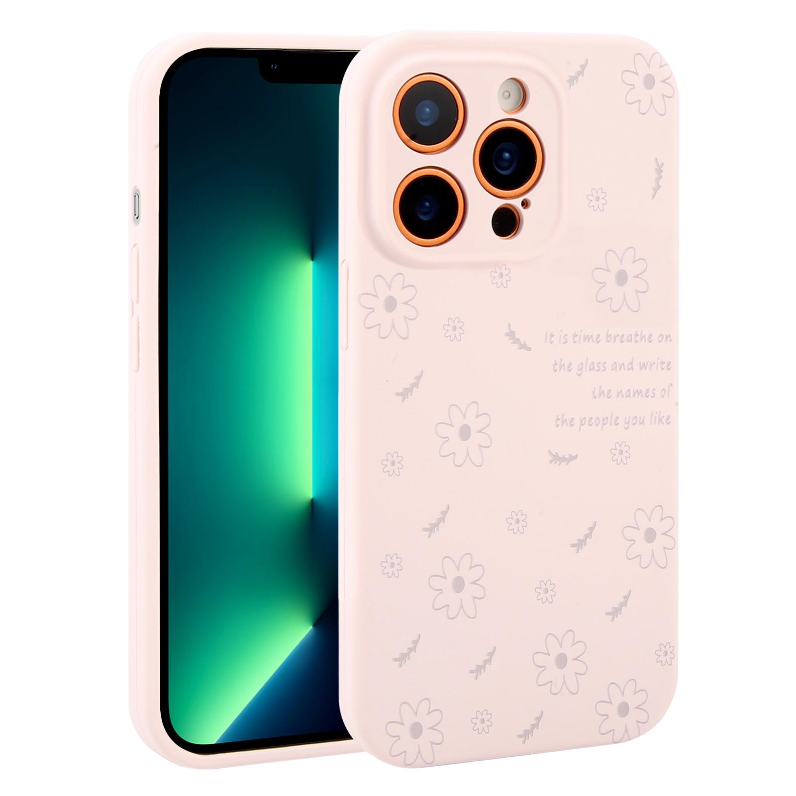For iPhone 13 Pro Max Precision Hole Daisy Floral Printed Liquid Silicone Phone Case(Dusty Pink) - Shopkiz.com