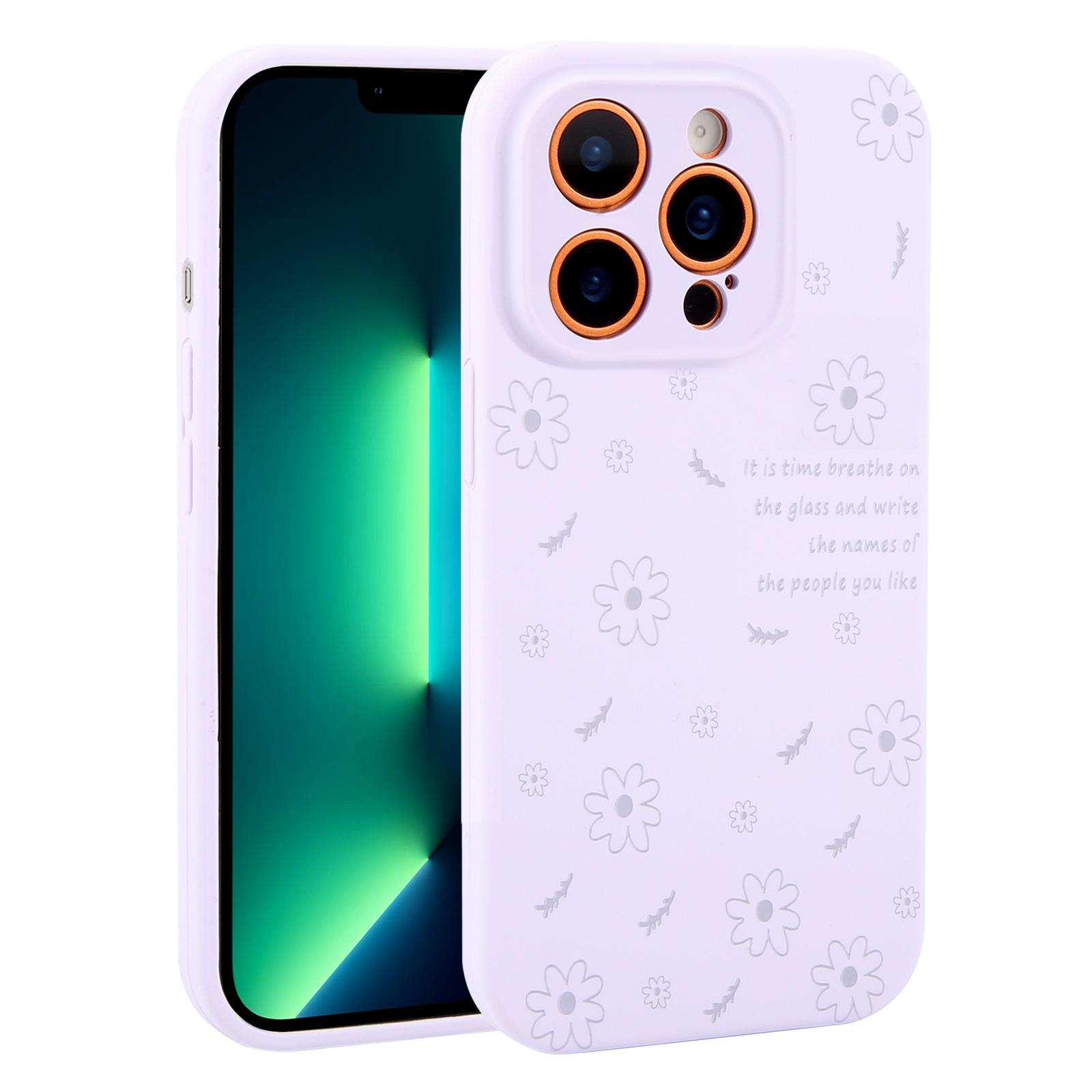 For iPhone 13 Pro Max Precision Hole Daisy Floral Printed Liquid Silicone Phone Case(Lilac Purple) - Shopkiz.com
