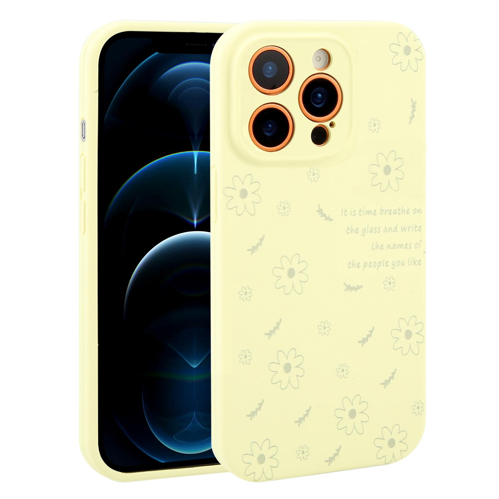 For iPhone 12 Pro Max Precision Hole Daisy Floral Printed Liquid Silicone Phone Case(Milk Yellow) - Shopkiz.com