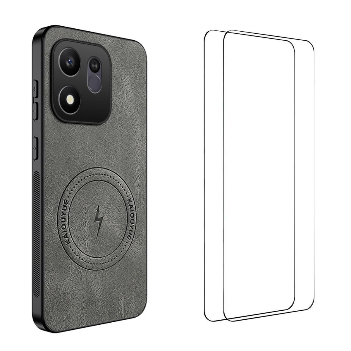 For Honor 600 Smart 5G WANLONFENG Nappa Texture Magnetic Phone Case with 2pcs Screen Films(Grey) - Shopkiz.com