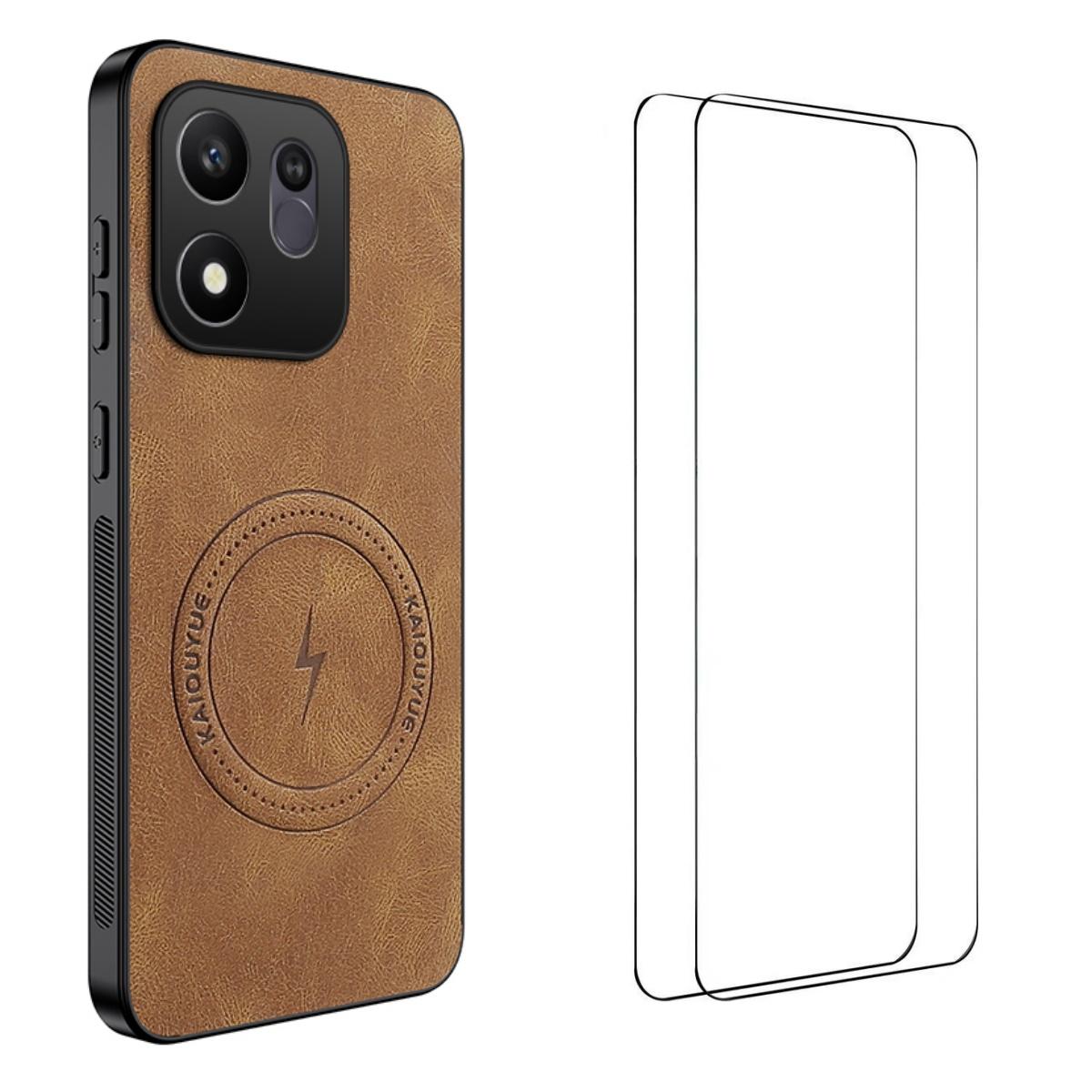 For Honor 600 Smart 5G WANLONFENG Nappa Texture Magnetic Phone Case with 2pcs Screen Films(Brown) - Shopkiz.com