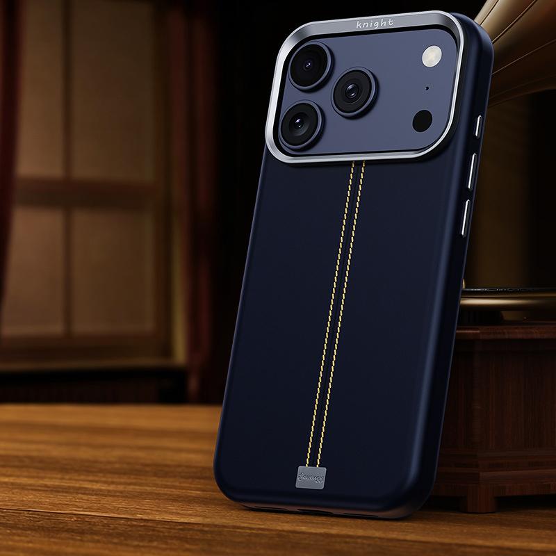 For iPhone 17 Pro Max Jazz Series Retro Vegan Leather Textured Metal Frame Magnetic Phone Case(Dark Blue) - Shopkiz.com