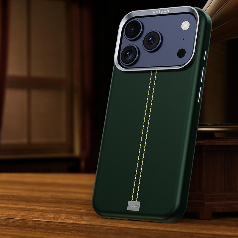 For iPhone 17 Pro Max Jazz Series Retro Vegan Leather Textured Metal Frame Magnetic Phone Case(Green) - Shopkiz.com
