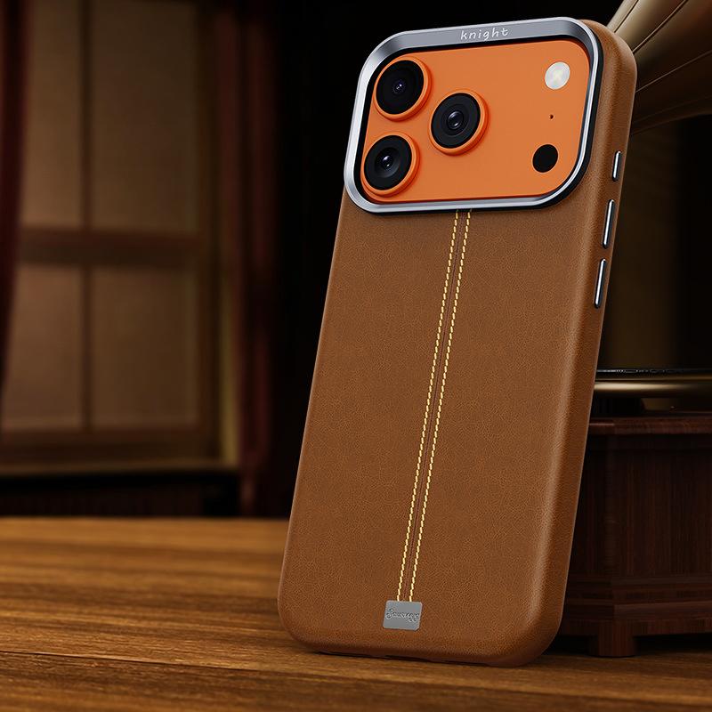 For iPhone 17 Pro Jazz Series Retro Vegan Leather Textured Metal Frame Magnetic Phone Case(Brown) - Shopkiz.com