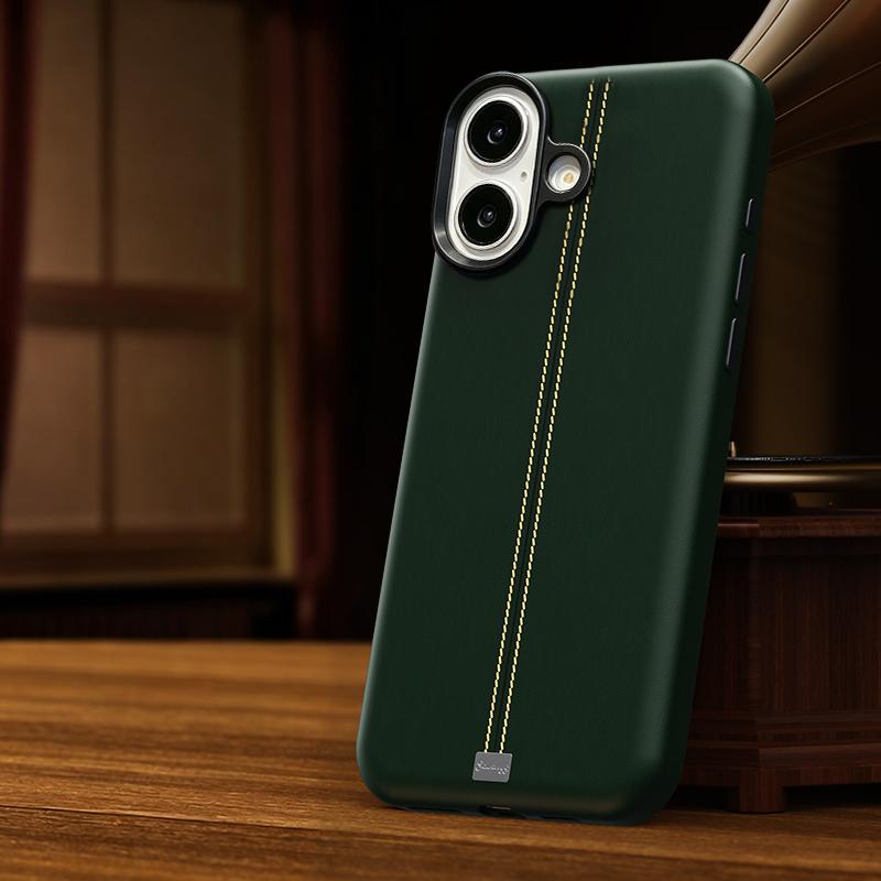 For iPhone 17 Jazz Series Retro Vegan Leather Textured Metal Frame Magnetic Phone Case(Green) - Shopkiz.com