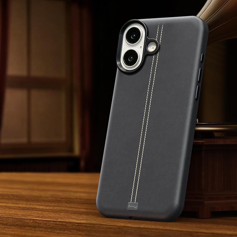 For iPhone 17 Jazz Series Retro Vegan Leather Textured Metal Frame Magnetic Phone Case(Titanium Gray) - Shopkiz.com